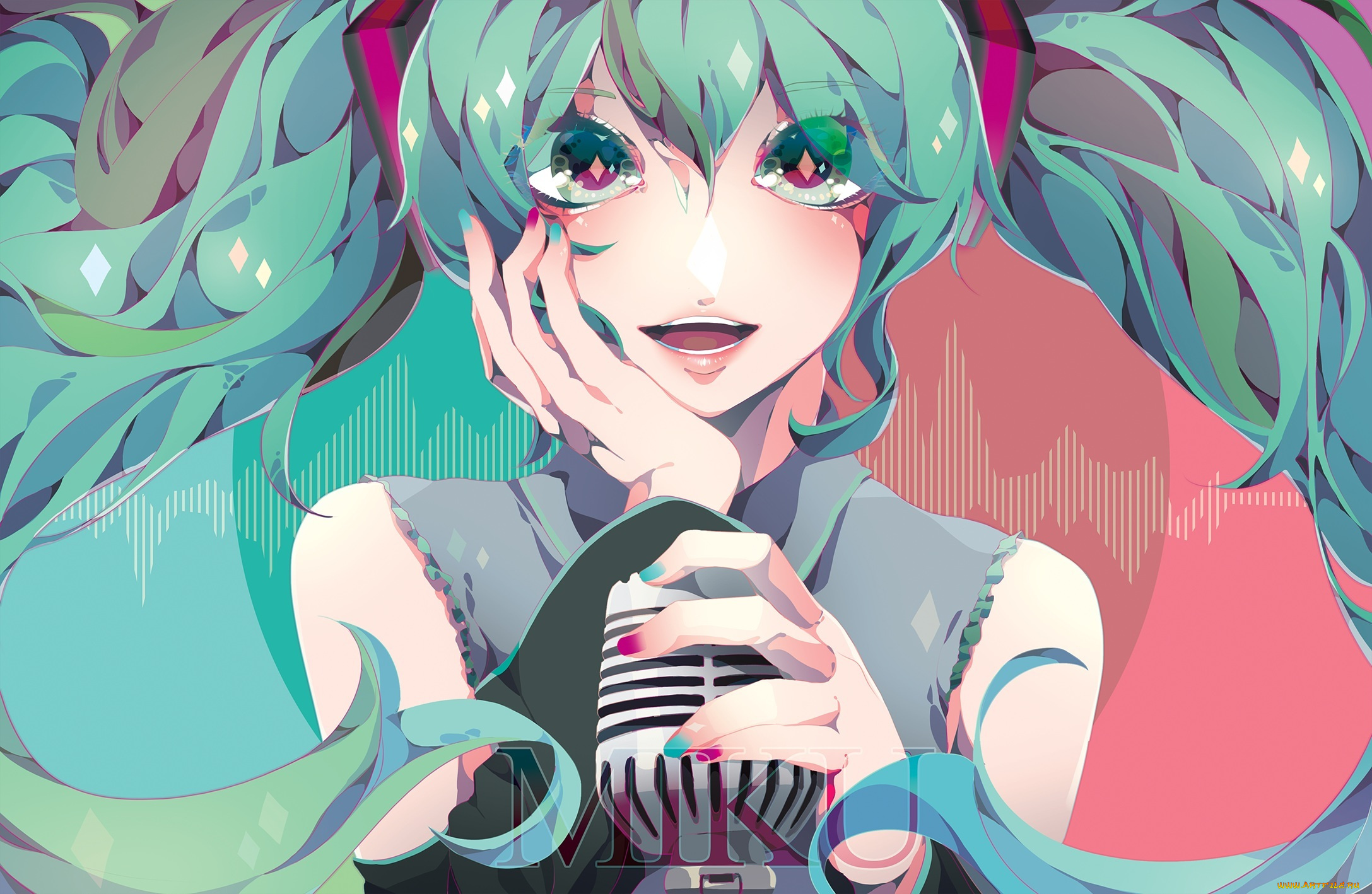 аниме, vocaloid, радость, глаза, микрофон, девушка, hatsune, miku, puri, арт