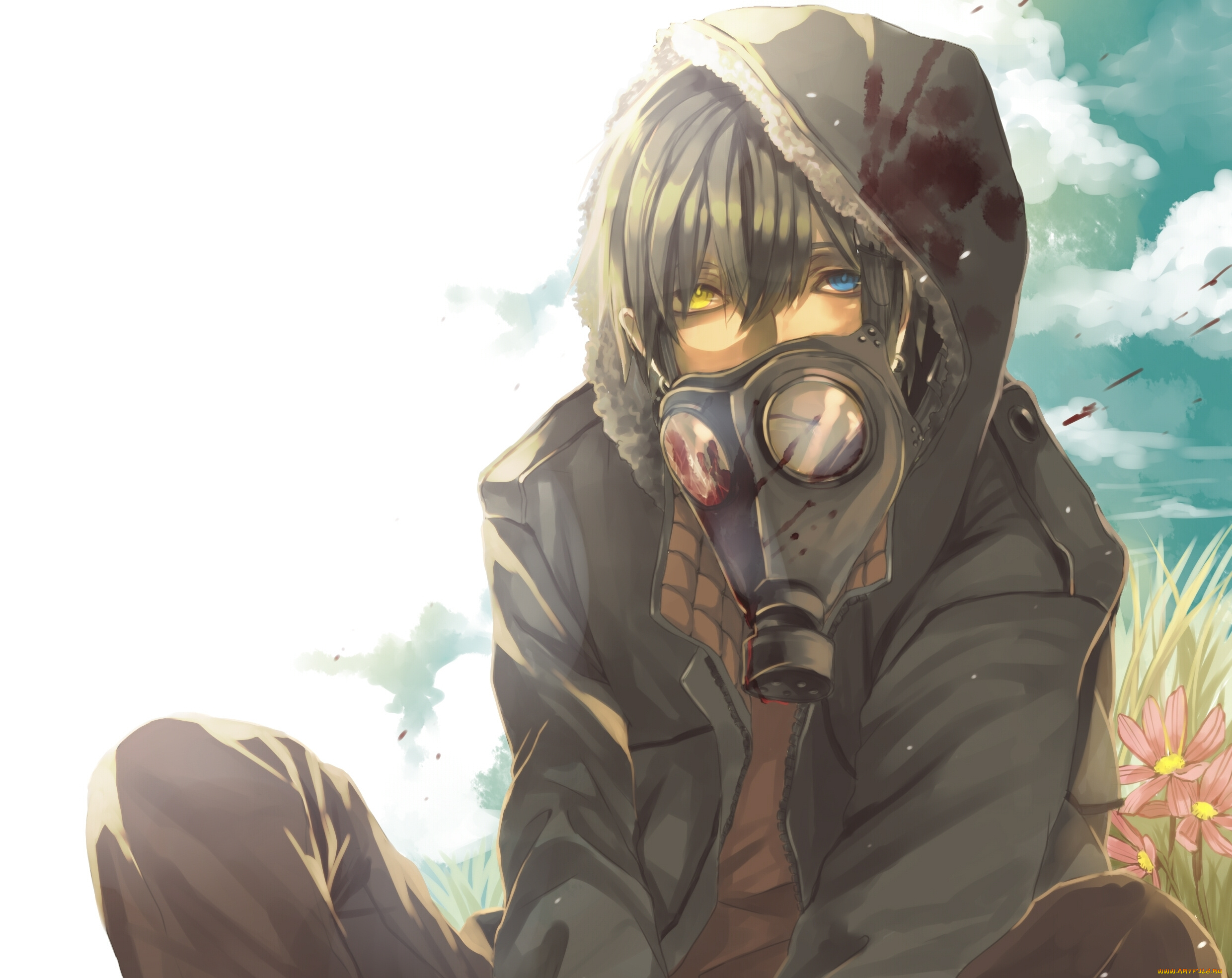 аниме, *unknown, , другое, облака, капюшон, небо, кровь, гетерохромия, противогаз, цветы, арт, yao, парень, трава