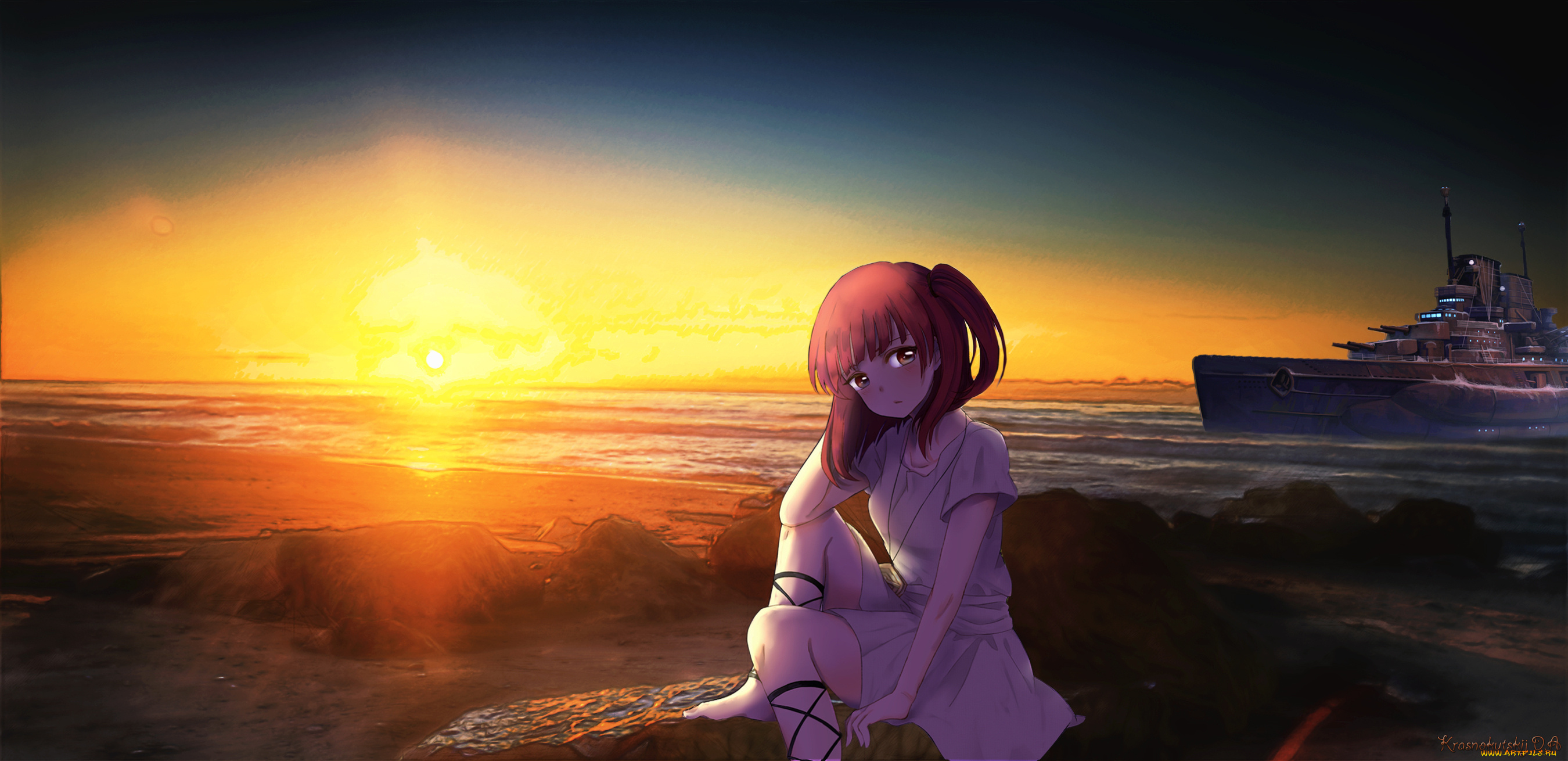 аниме, magi, the, labyrinth, of, magic, корабль, magi, the, labyrinth, of, magic, закат, девушка, morgiana, облака, пляж, море, солнце
