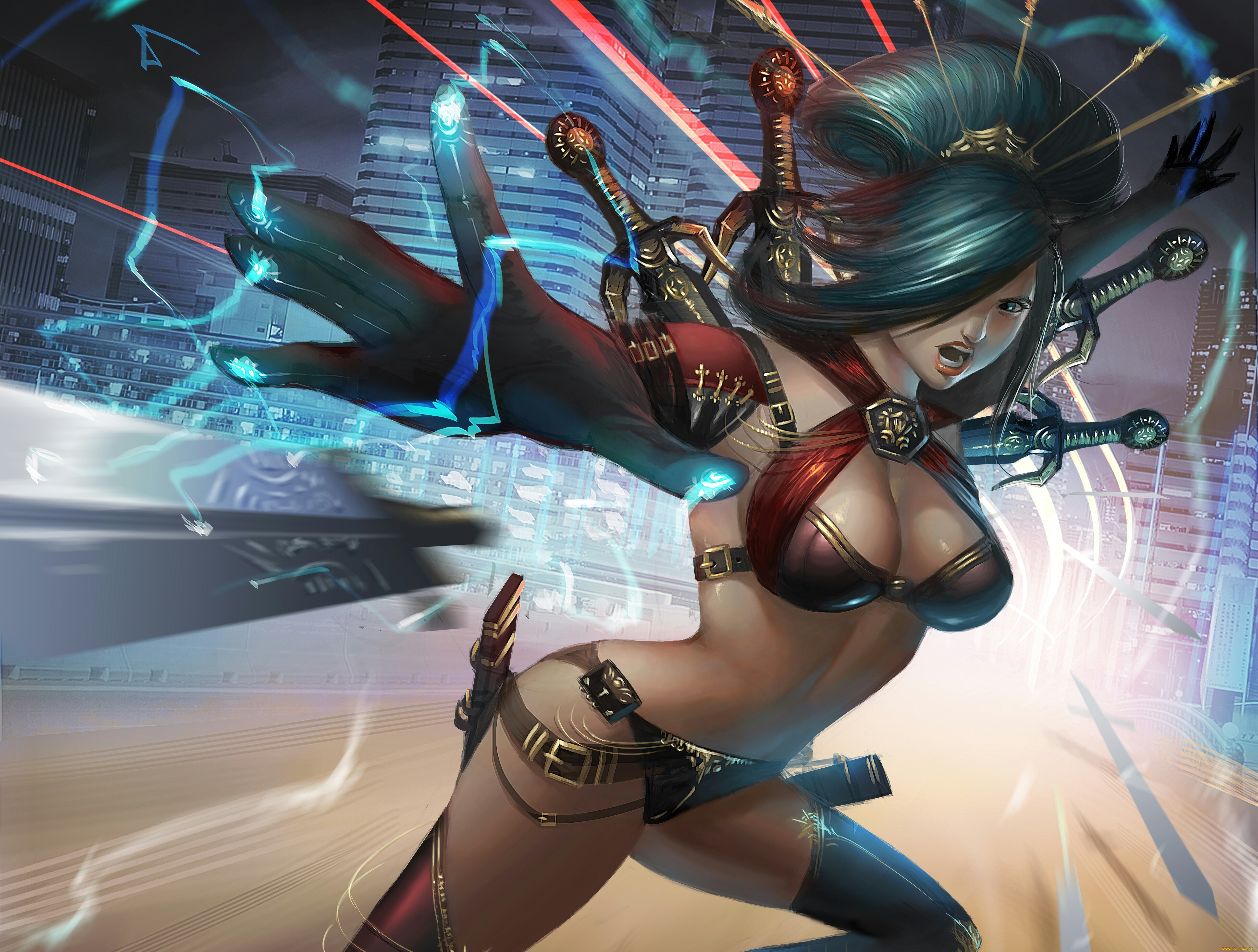 фэнтези, девушки, девушка, воин, кинжалы, мегаполис