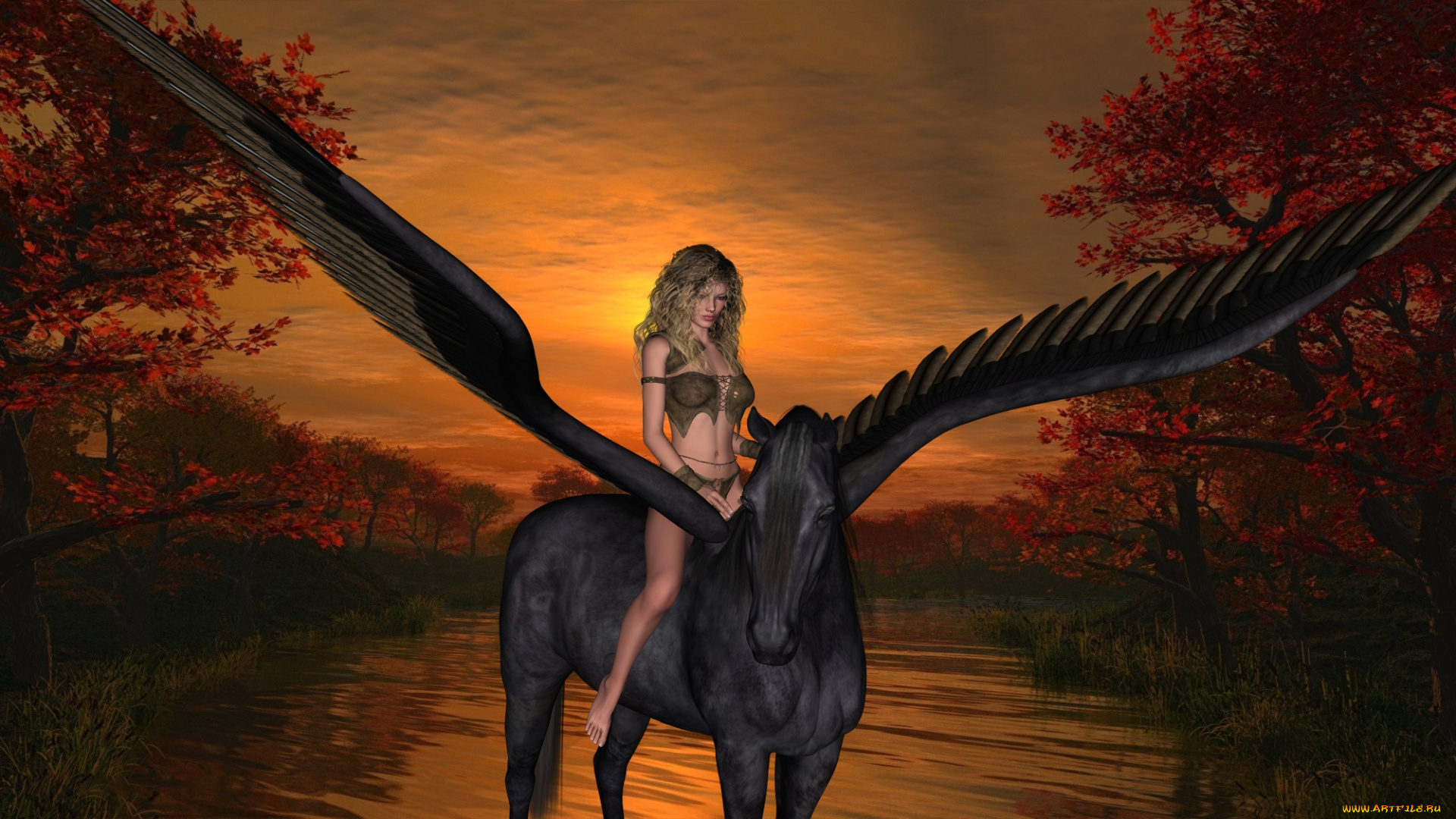 3д, графика, фантазия, , fantasy, облака, закат, осень, лес, озеро, пегас, фон, взгляд, девушка