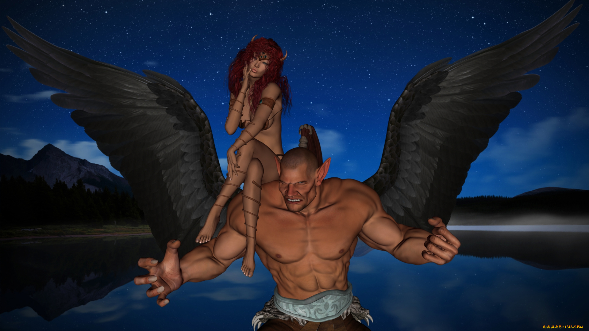 3д, графика, существа, , creatures, демон, кастаника, озеро, звезды, ночь, полет, фон, взгляд