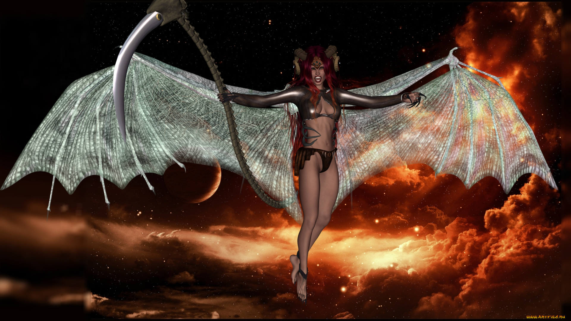 3д, графика, существа, , creatures, планета, звезды, небо, облака, крылья, хвост, демон