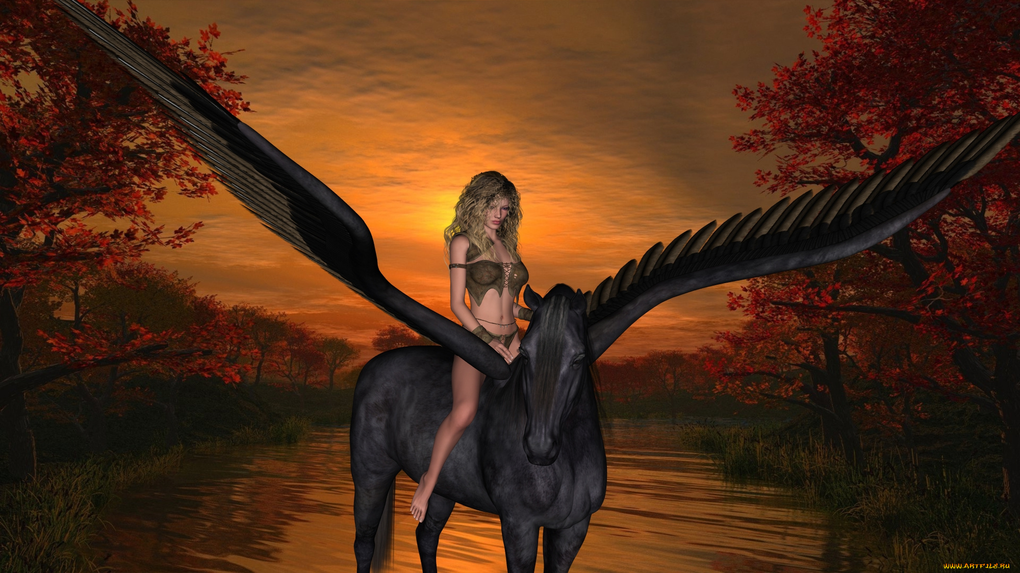 3д, графика, фантазия, , fantasy, облака, закат, осень, лес, озеро, пегас, фон, взгляд, девушка