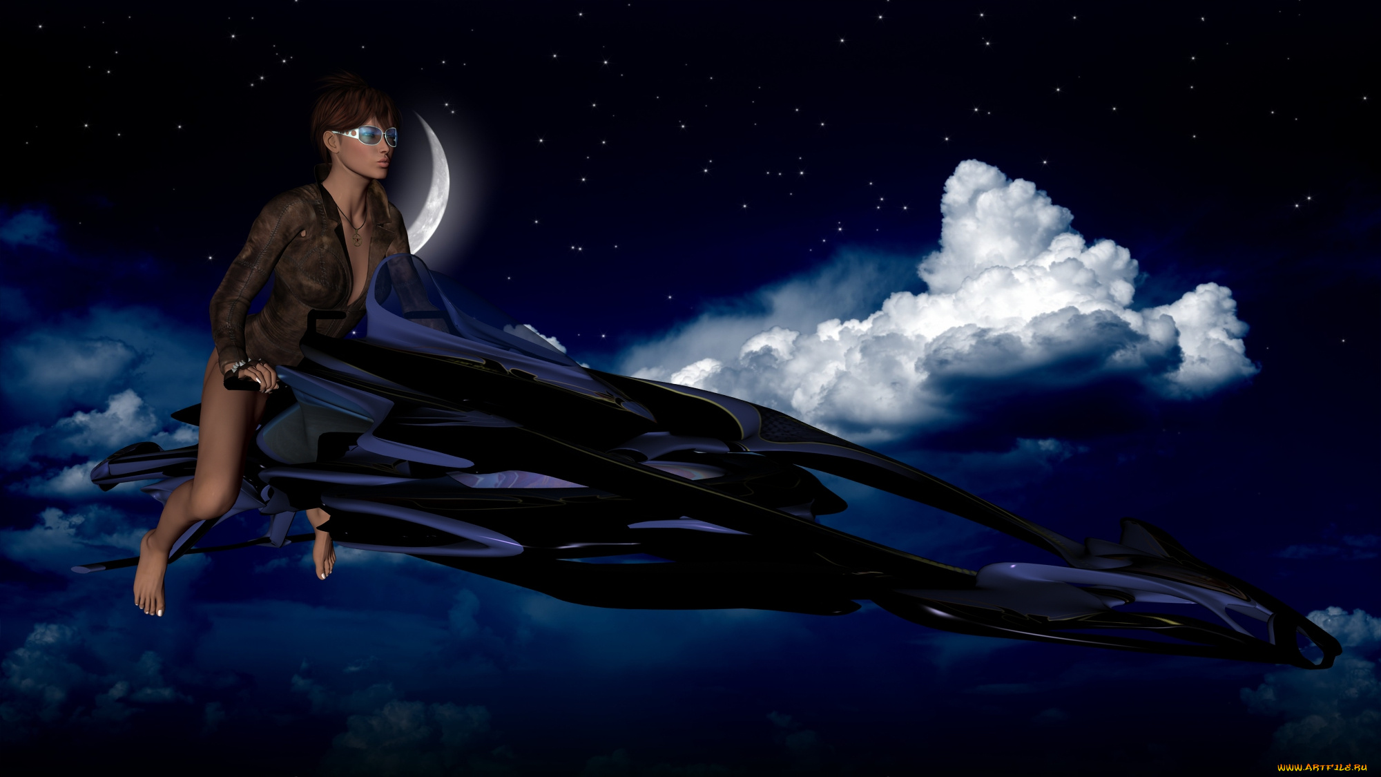 3д, графика, фантазия, , fantasy, полет, фон, взгляд, девушка, облака, луна, ночь