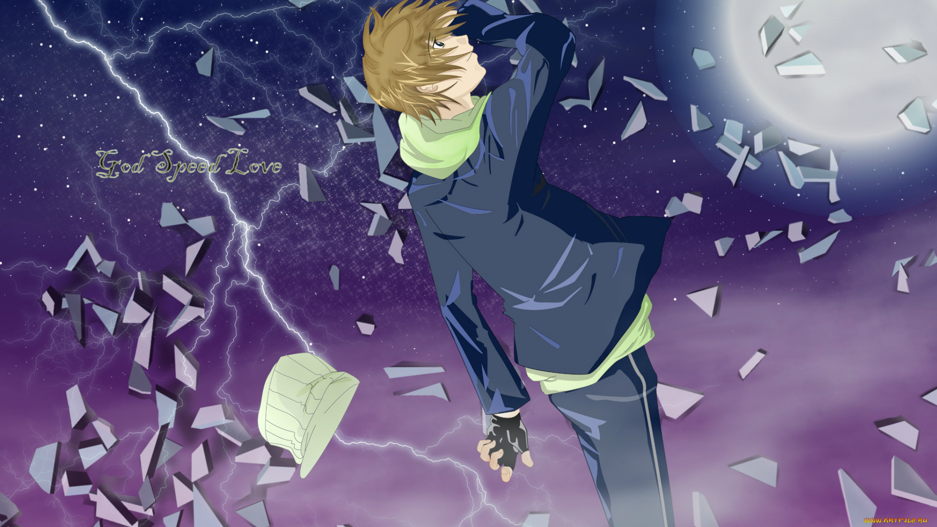 аниме, air, gear, air, gear, kazuma, mikura, спина, шапка, куртка, луна, осколки, молния