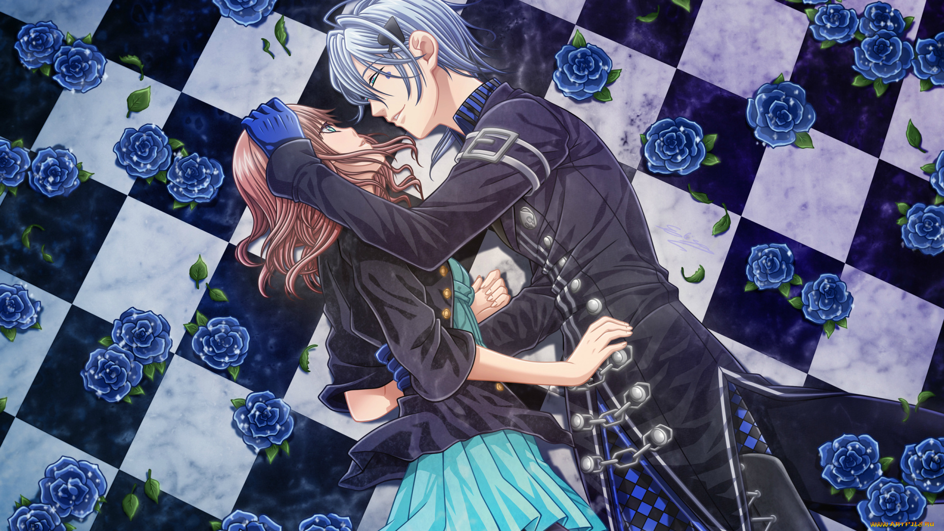 аниме, amnesia, art, hanamura, mai, heroine, ikki, двое, шахматная, клетка, голубые, розы, плащ