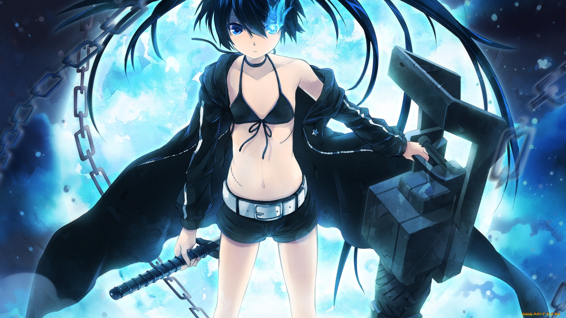 аниме, black, rock, shooter, фон, девушка, взгляд