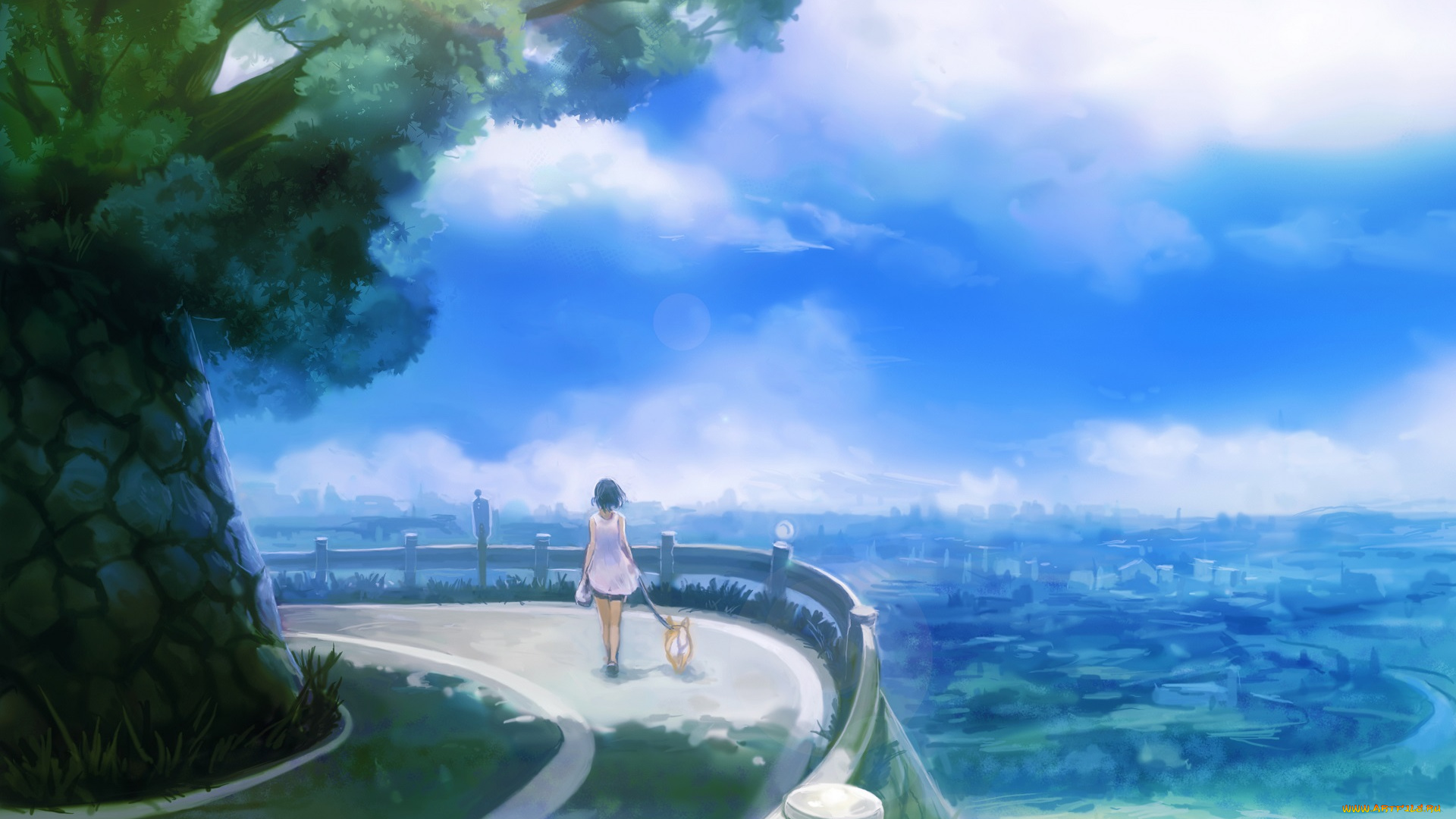 аниме, город, , улицы, , здания, собака, девушка, дорога