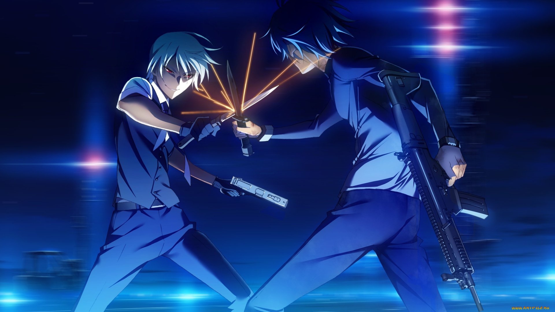 аниме, grisaia, no, kajitsu, grisaia, no, kajitsu, yuuji, kazami, парни, поединок, автомат, кинжал, пистолет, ухмылка