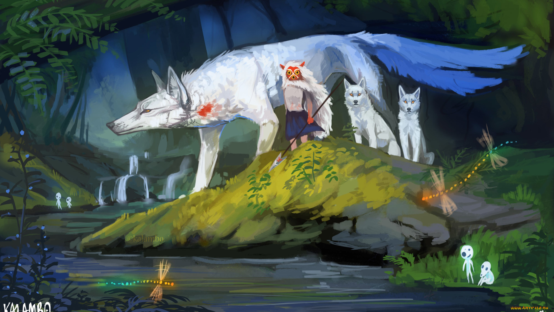 аниме, mononoke, hime, art, kalambo, mononoke, hime, moro, волк, божество, лес, ручей, духи, стрекоза, маска, копье