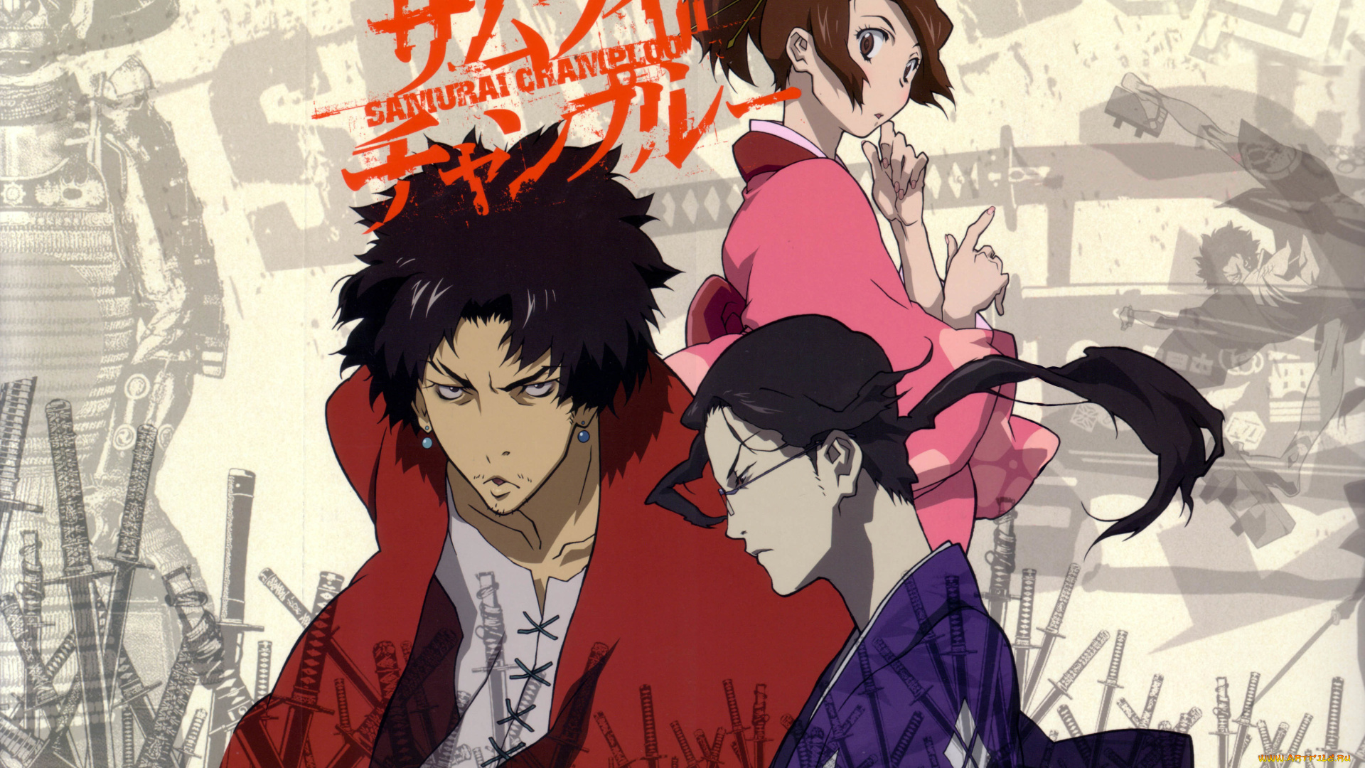 аниме, samurai, champloo, art, kazuto, nakazawa, samurai, champloo, jin, fuu, mugen, самурай, чамплу, трое, кимоно, очки, катана, доспехи, иероглифы