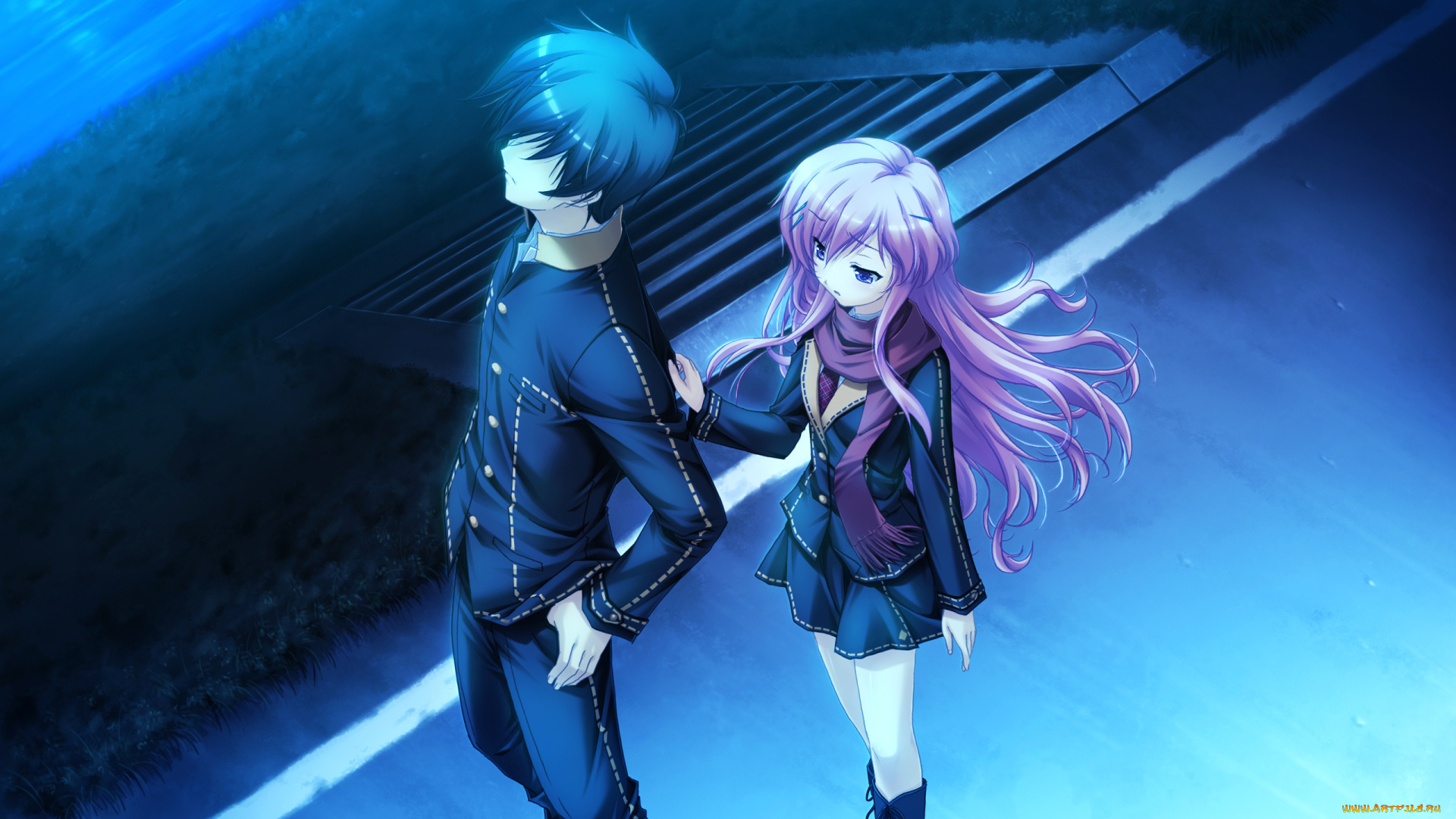 аниме, shinigami, no, testament, art, sakaki, maki, shinigami, no, testament, visual, novel, rui, isayama, kana, mukougaoka, свидание, ночь, школьники, берег, лестница, трава, река, шарф, дорога