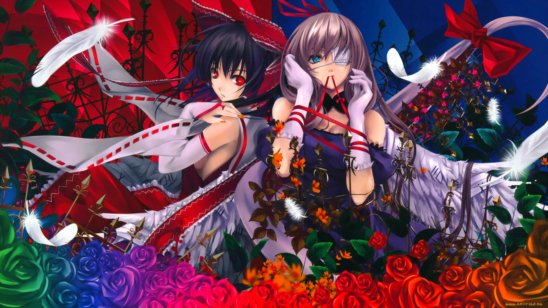 аниме, touhou, арт, misaki, kurehito, hakurei, reimu, yakumo, yukari, девушки, цветы, розы, повязка, перья, бант, лента