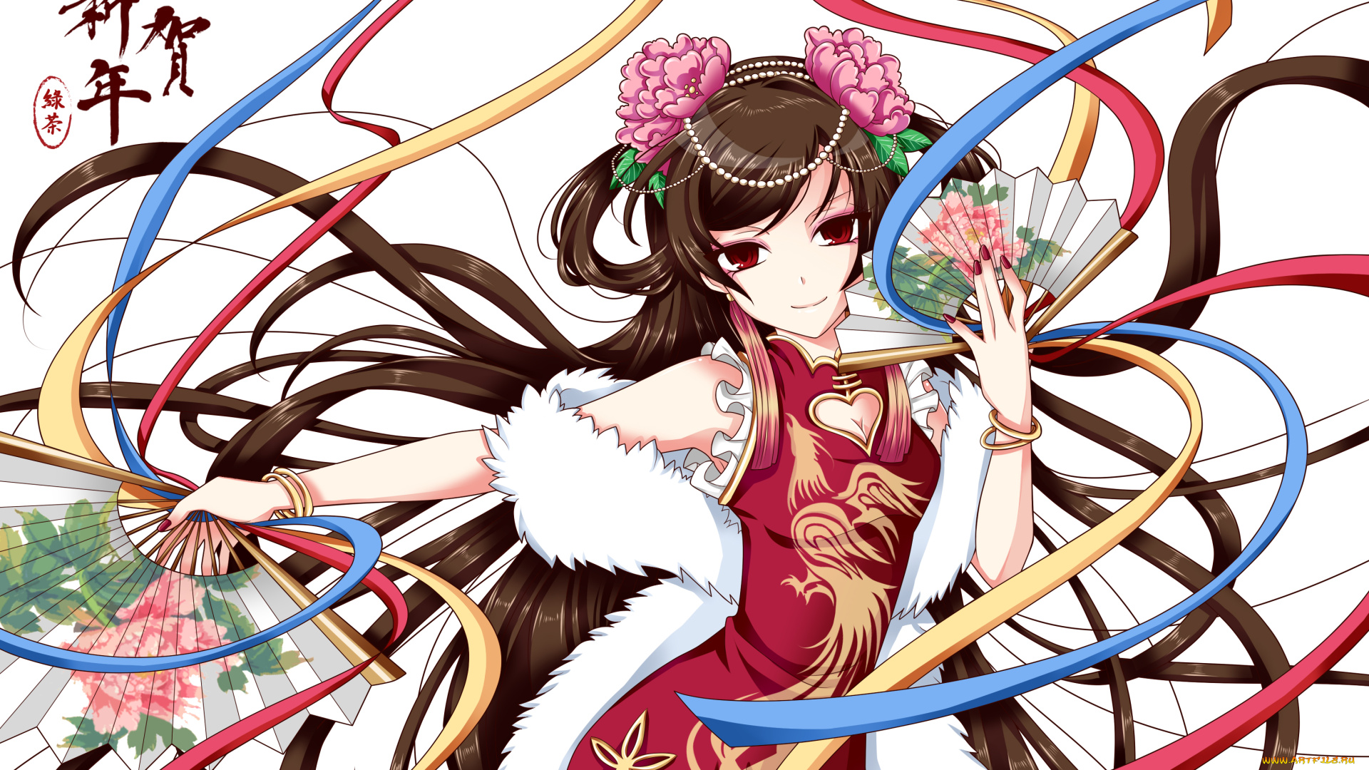 аниме, unknown, , другое, веер, ленты, девушка