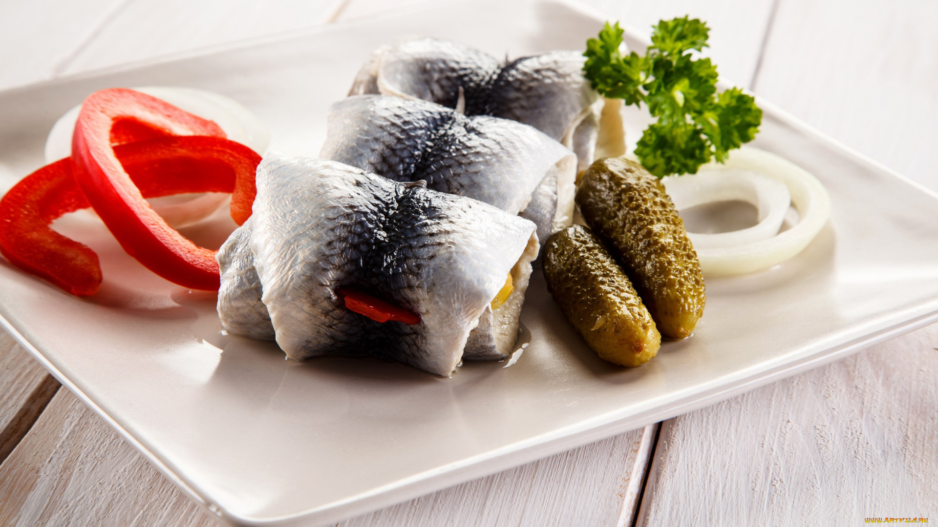 еда, рыбные, блюда, , с, морепродуктами, селедка, огурчики, перец, лук, закуска