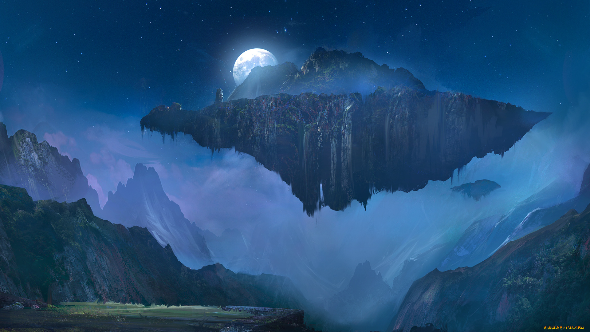 фэнтези, пейзажи, полнолуние, летающий, остров, art, ночь, луна, горы, звезды, небо
