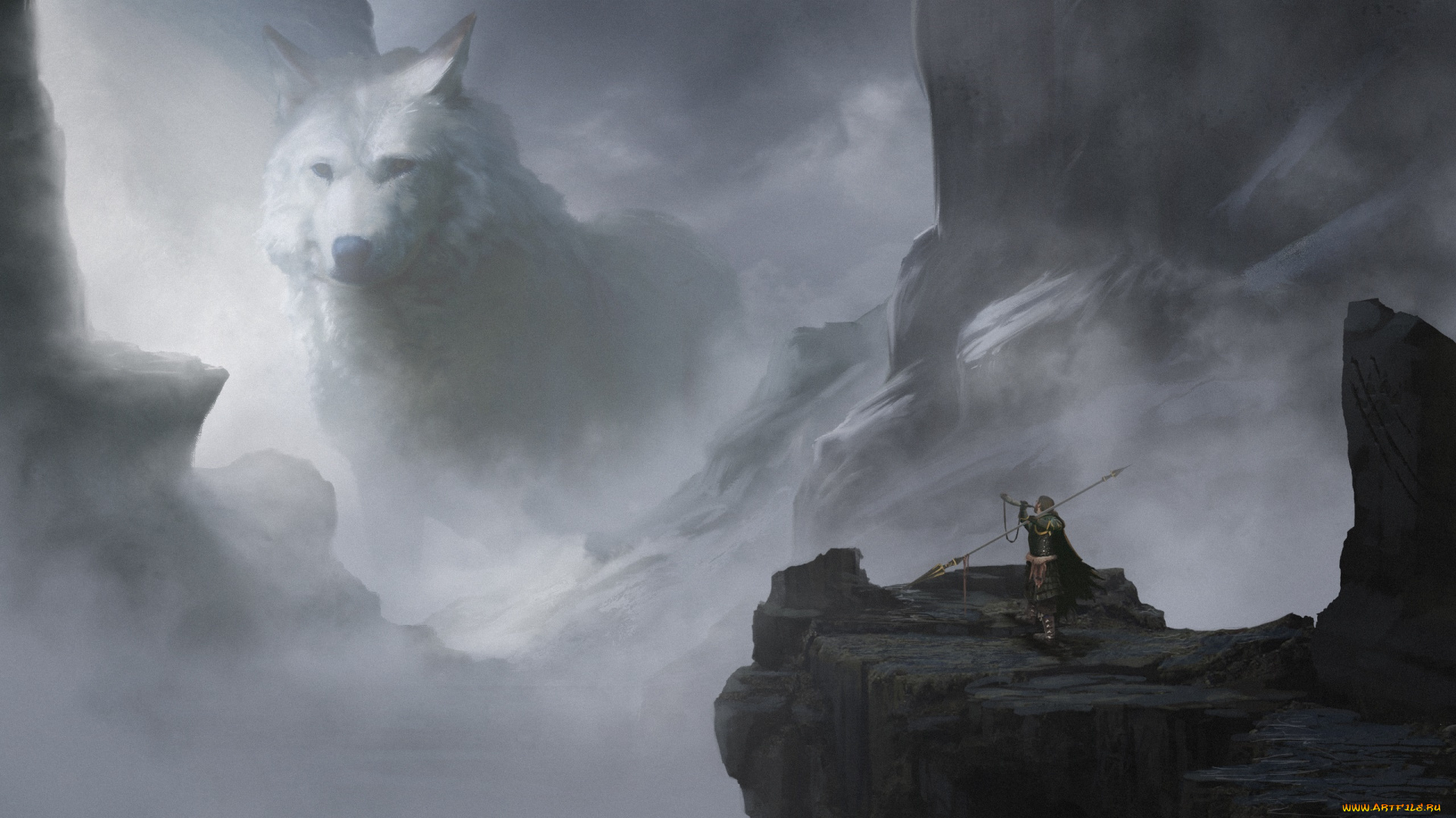 фэнтези, существа, фантастика, арт, волк, wolf, туман, скалы