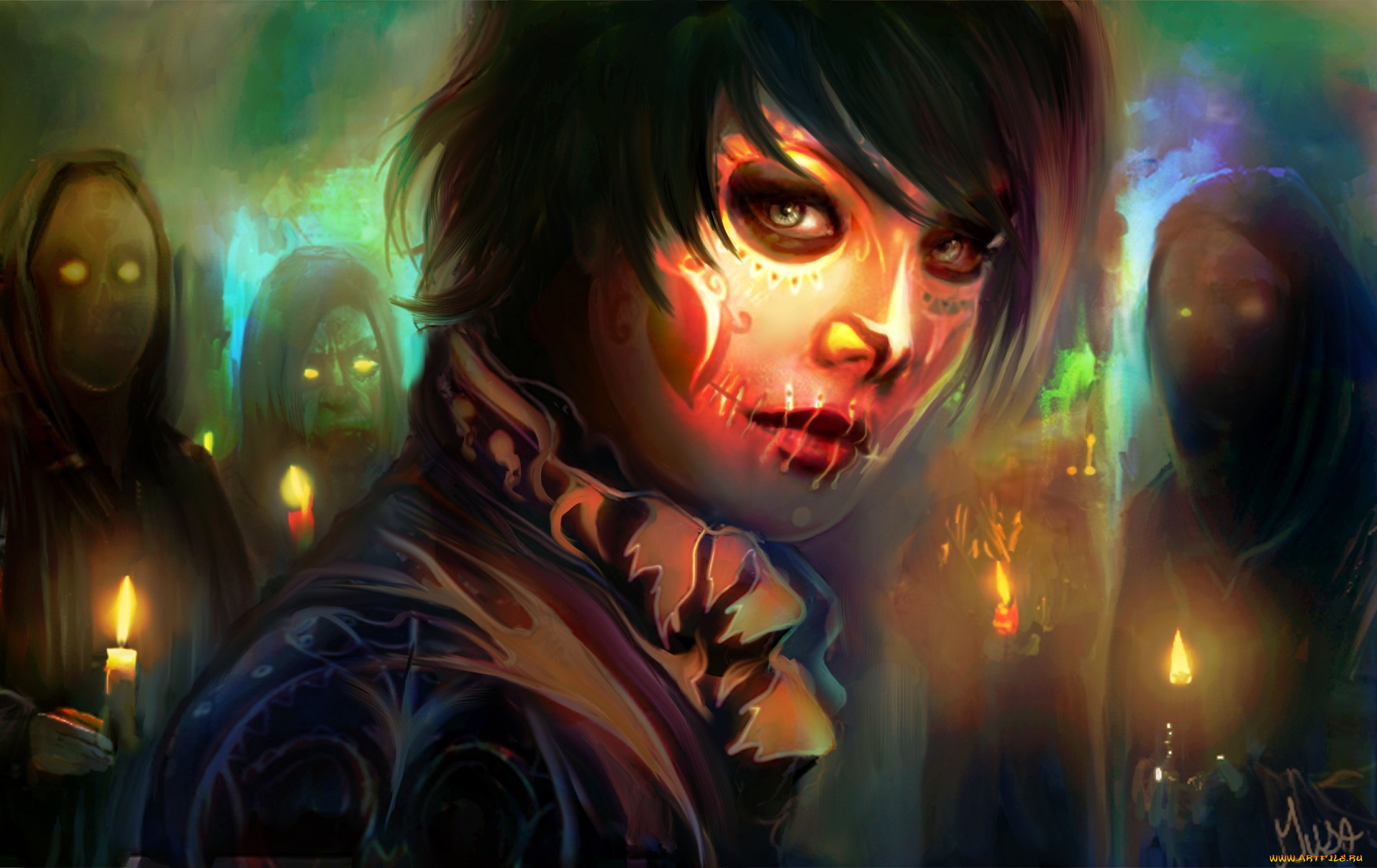 фэнтези, нежить, мертвые, огонь, девушка, смерть, ночь