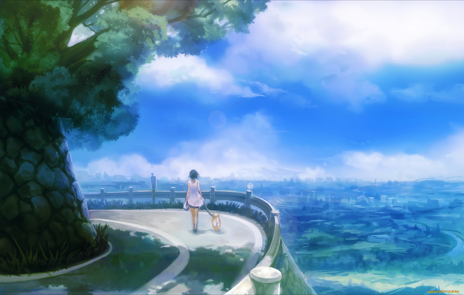 аниме, город, , улицы, , здания, собака, девушка, дорога