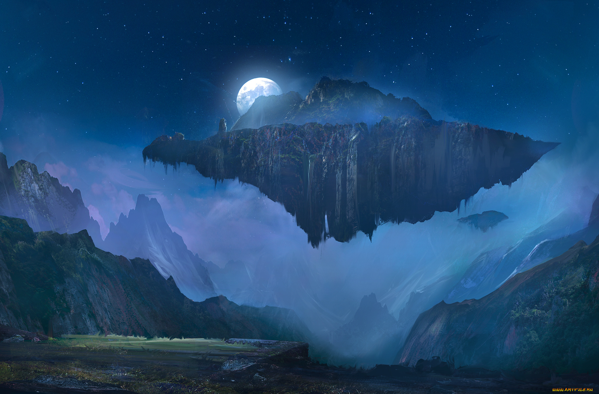 фэнтези, пейзажи, полнолуние, летающий, остров, art, ночь, луна, горы, звезды, небо