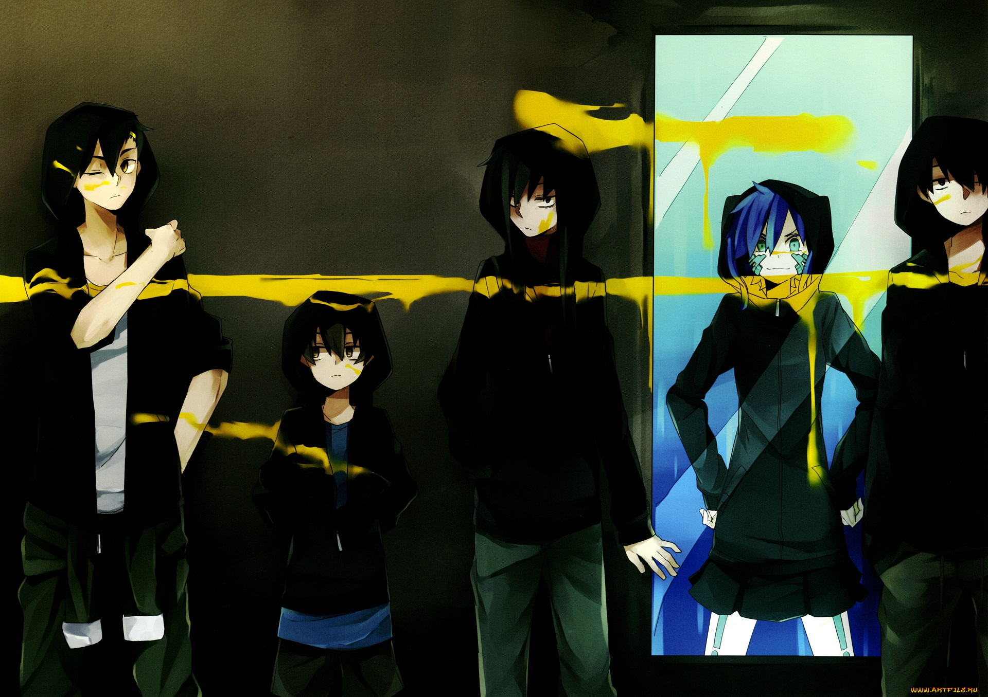 аниме, kagerou, project, art, shidu, kagerou, days, kousuke, seto, takane, enomoto, hibiya, amamiya, shintaro, kisaragi, tsubomi, kido, пятерка, зеркало, капюшон, краска, желтая, друзья