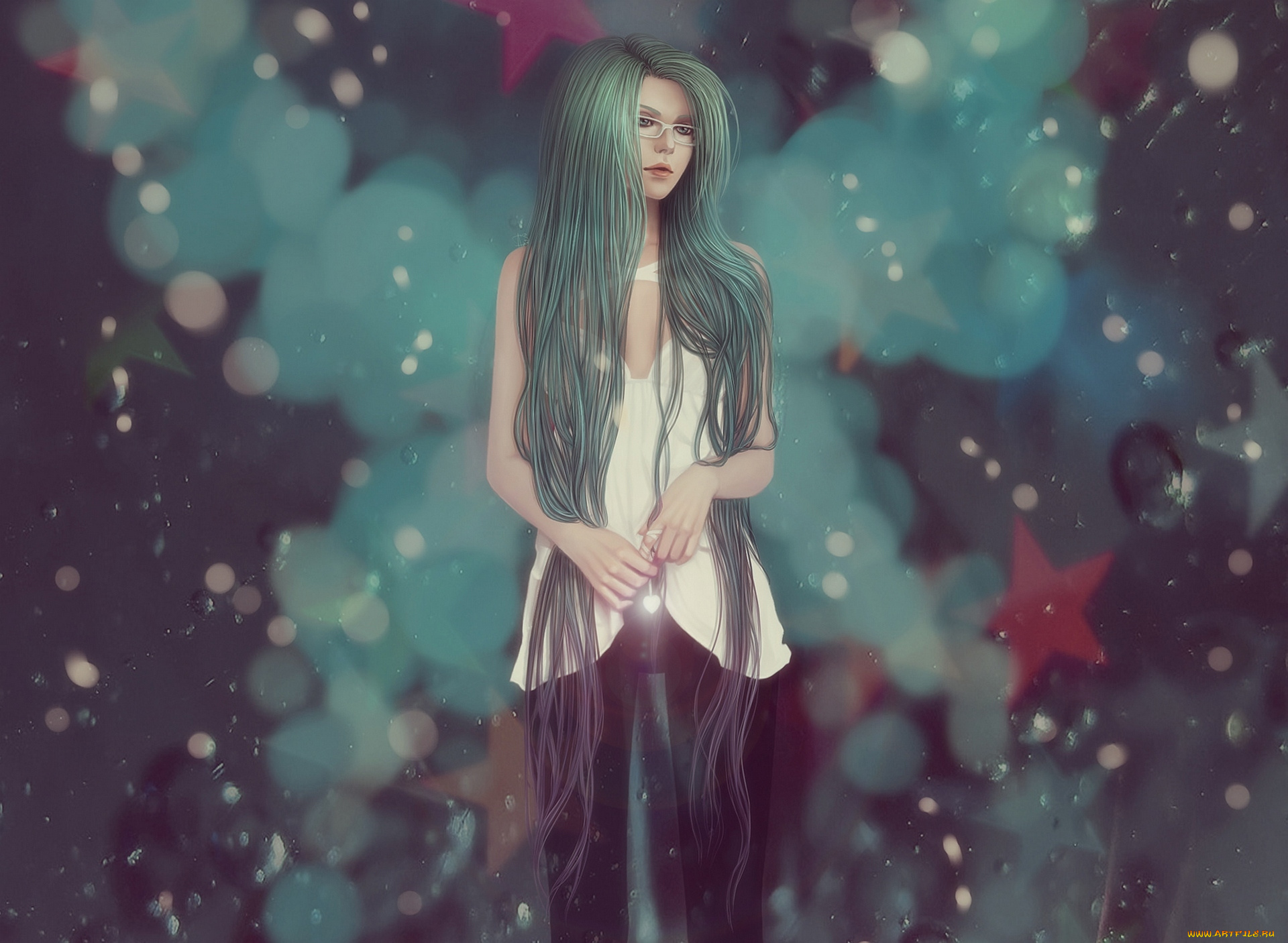 аниме, unknown, , другое, арт, ripa666, девушка, очки, звезды, волосы