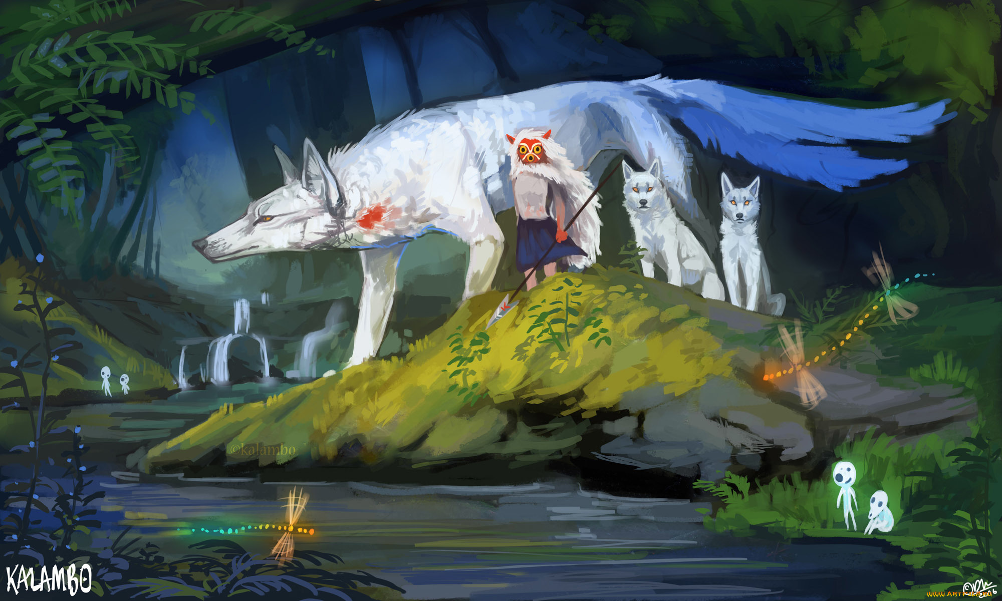 аниме, mononoke, hime, art, kalambo, mononoke, hime, moro, волк, божество, лес, ручей, духи, стрекоза, маска, копье