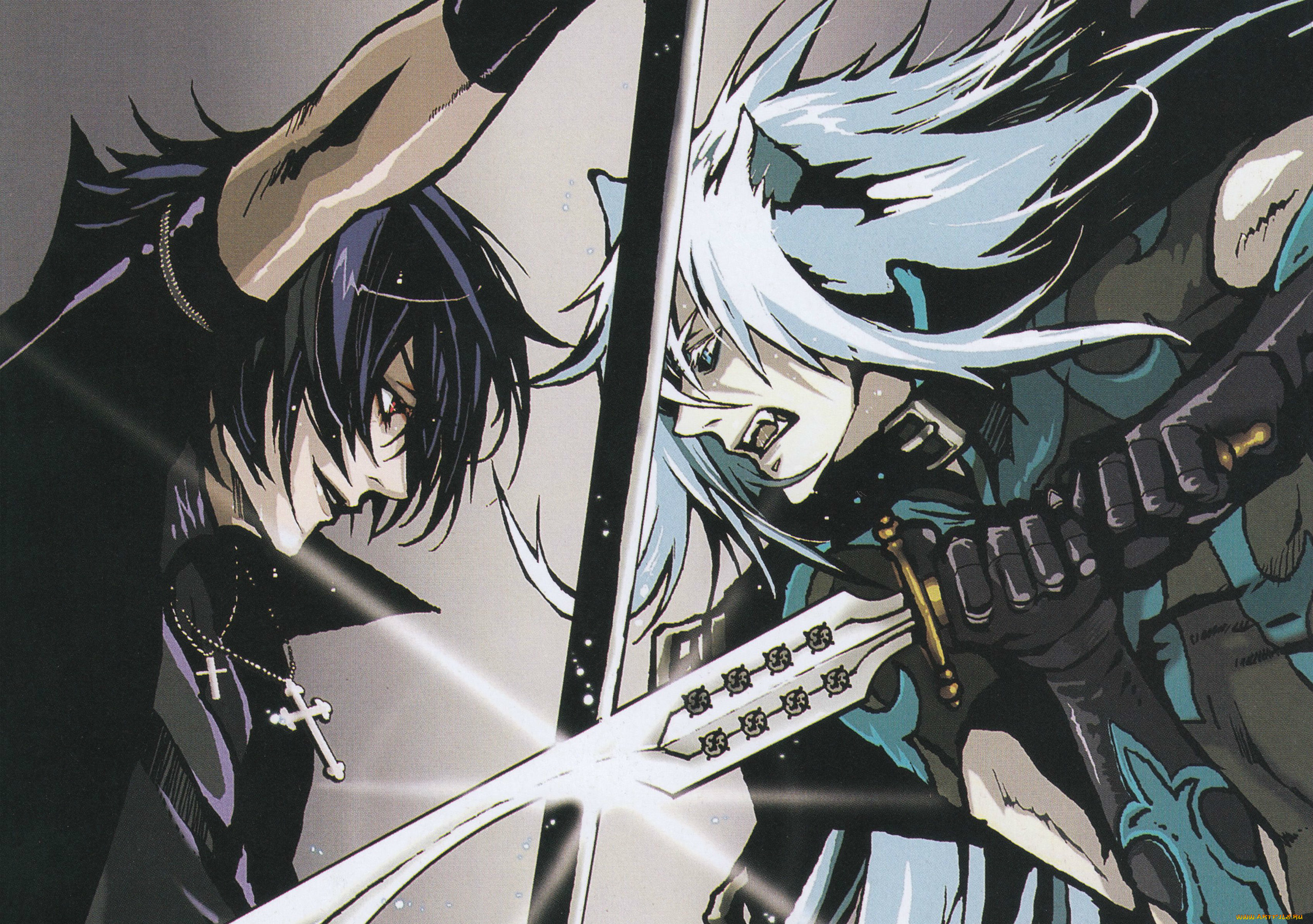 аниме, оружие, , техника, , технологии, crossovers, lamento, togainu, no, chi, rai, shiki, поединок, длинные, волосы, меч, ушки, катана, крест, перчатки