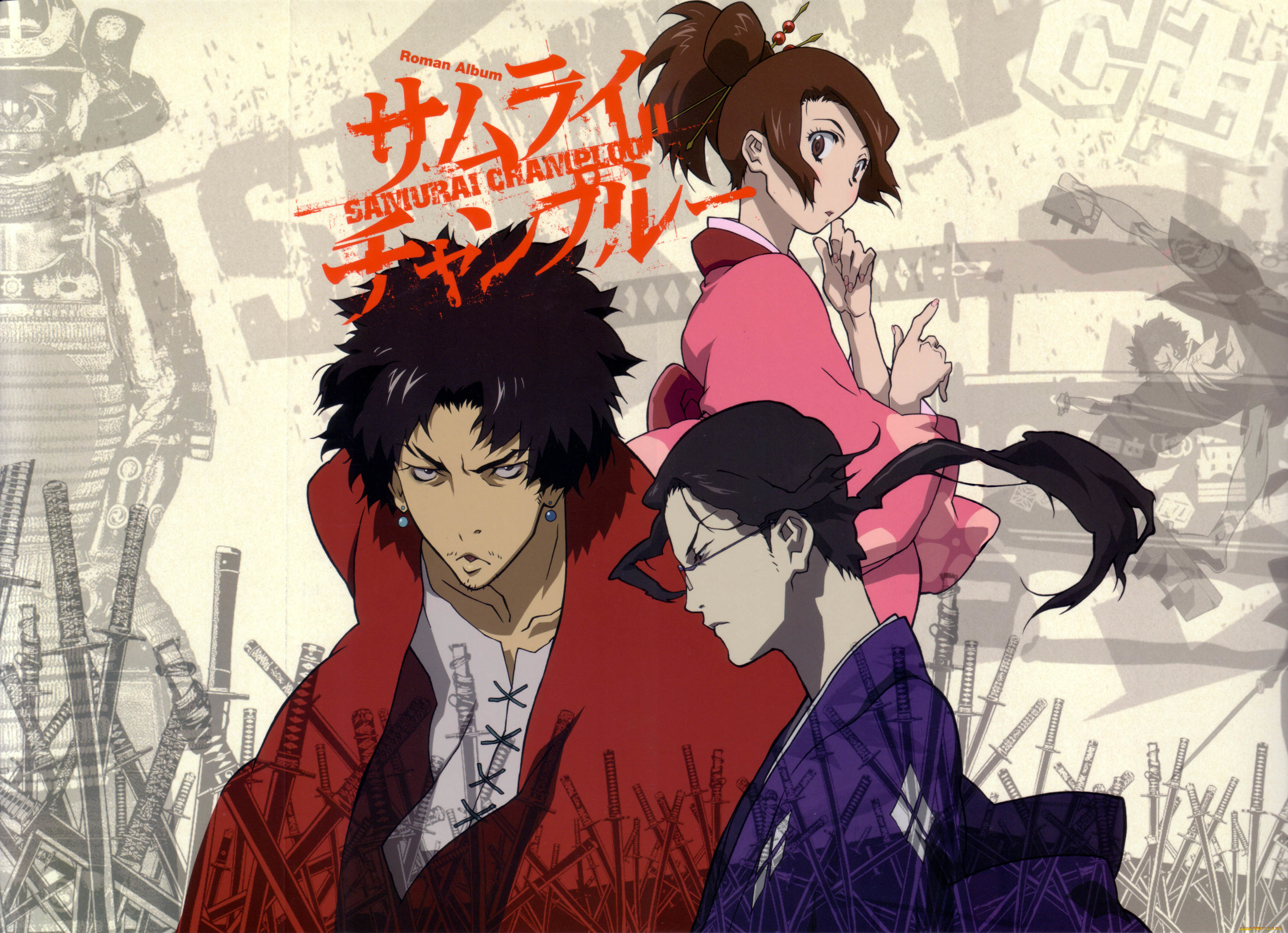 аниме, samurai, champloo, art, kazuto, nakazawa, samurai, champloo, jin, fuu, mugen, самурай, чамплу, трое, кимоно, очки, катана, доспехи, иероглифы