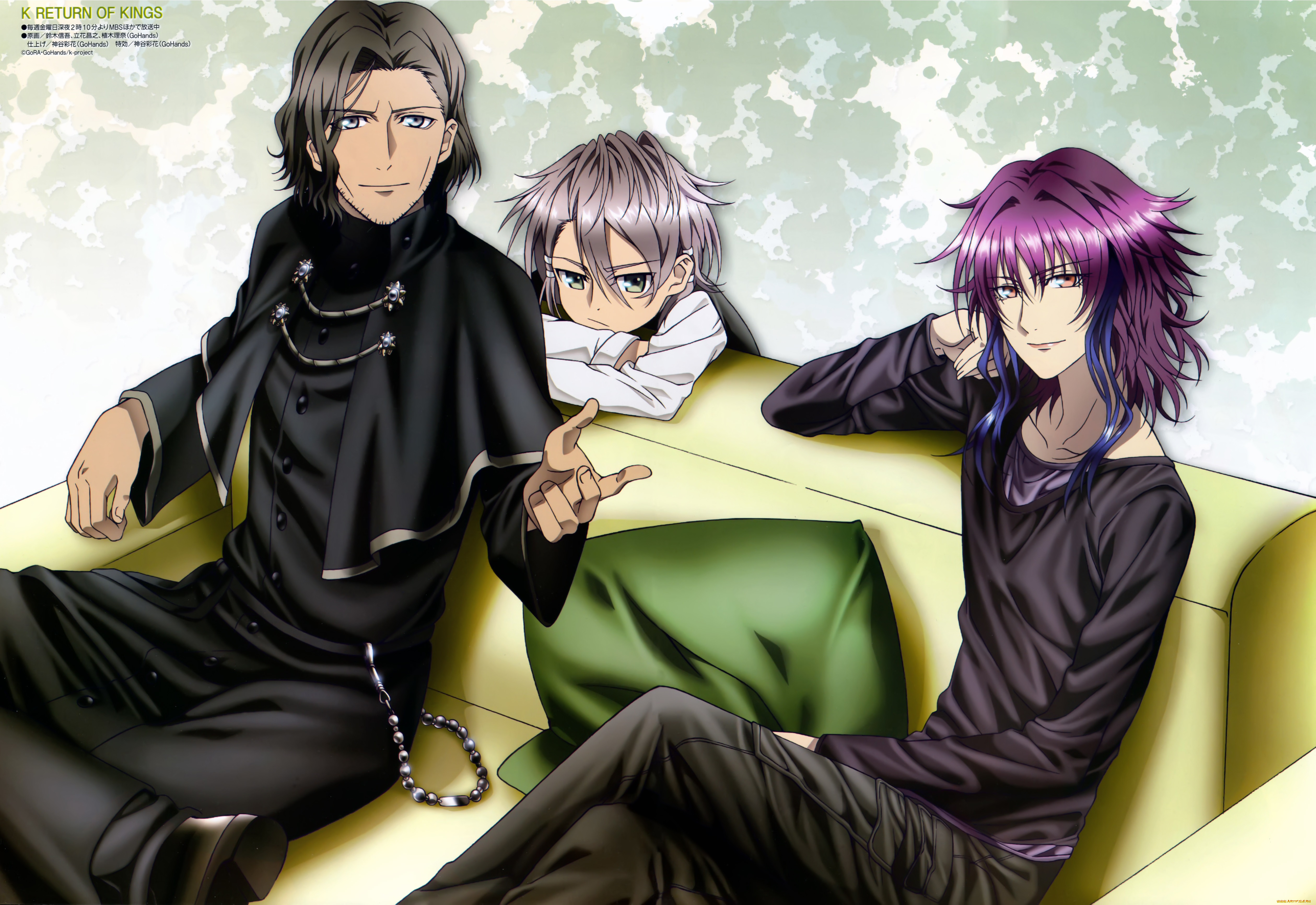 аниме, k, project, goujou, sakuna, tenkei, iwafune, yukari, mishakuji, трое, диван, подушка, священник, мальчик