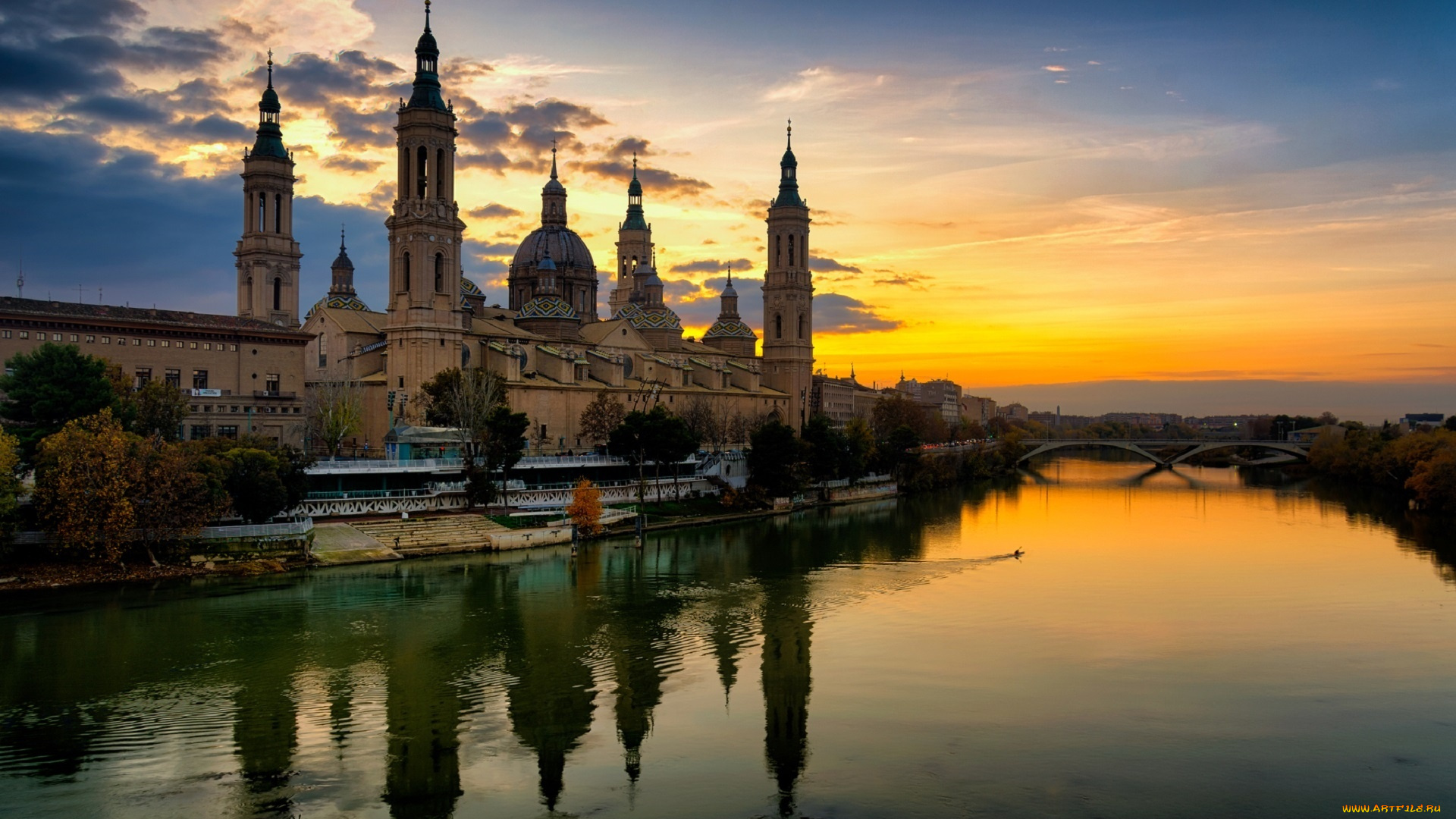 города, -, католические, соборы, , костелы, , аббатства, река, мост, небо, базилика, девы, марии, испания