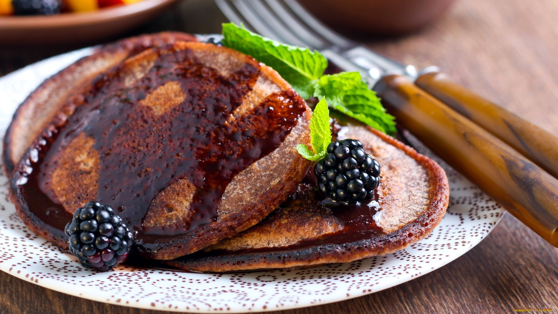 еда, блины, , оладьи, оладьи, ежевика, мята