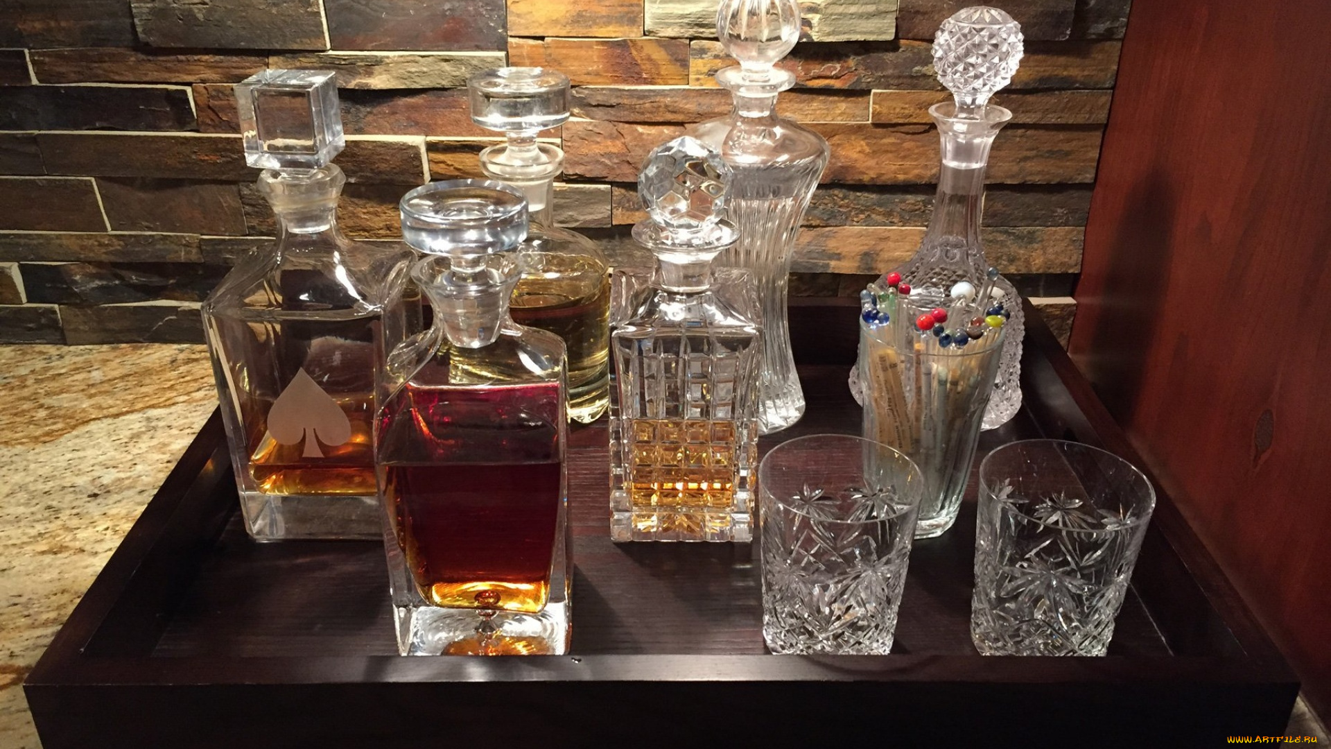 еда, напитки, графины, стаканы, бренди