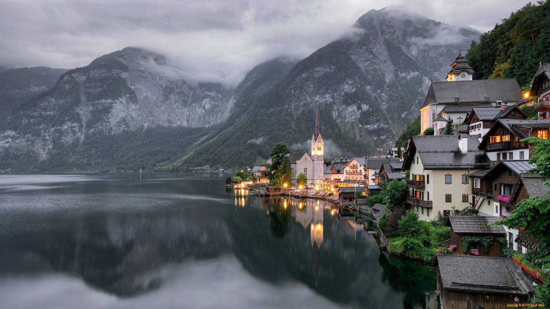 города, гальштат, , австрия, озеро, горы, туман, вечер