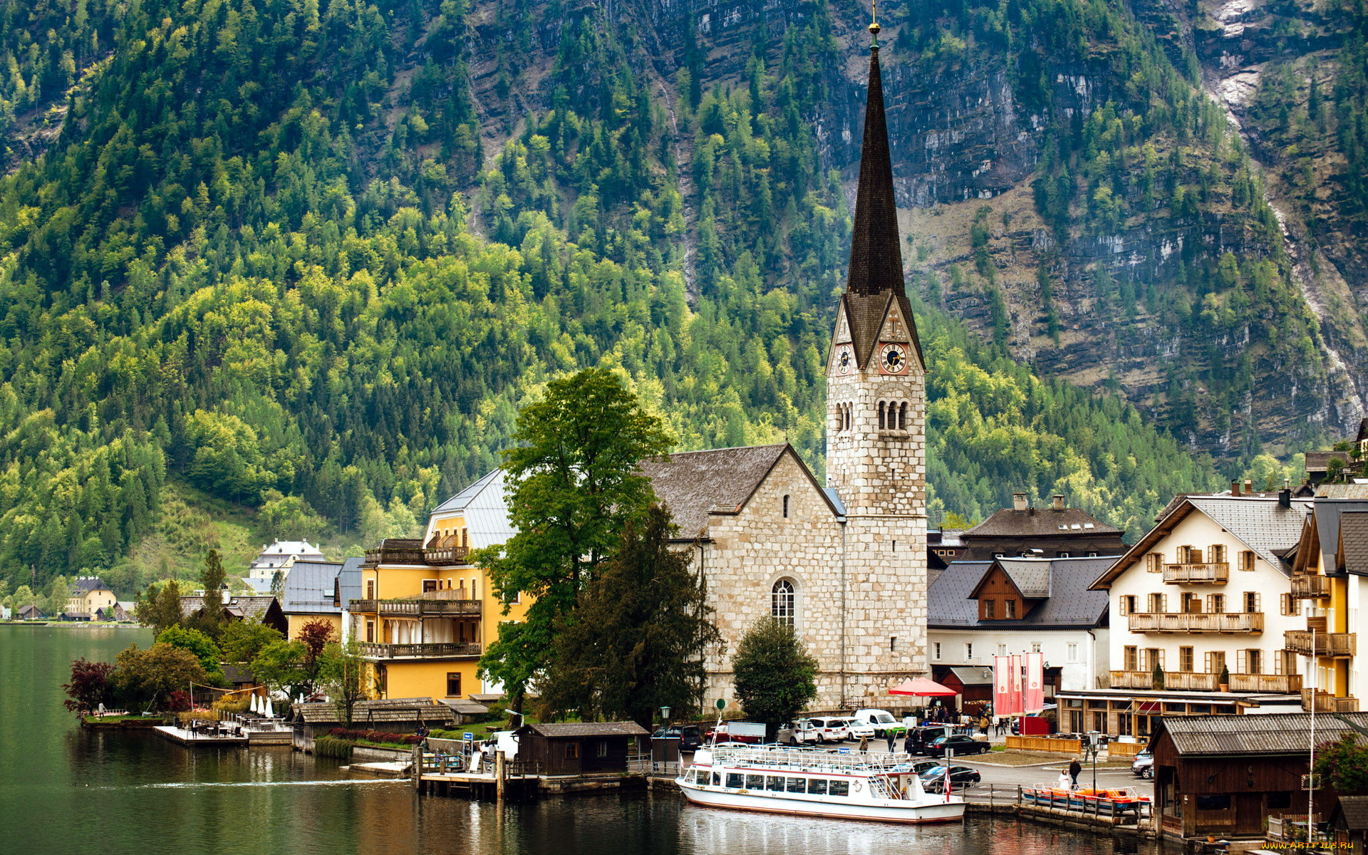 города, гальштат, , австрия, озеро, горы, пристань