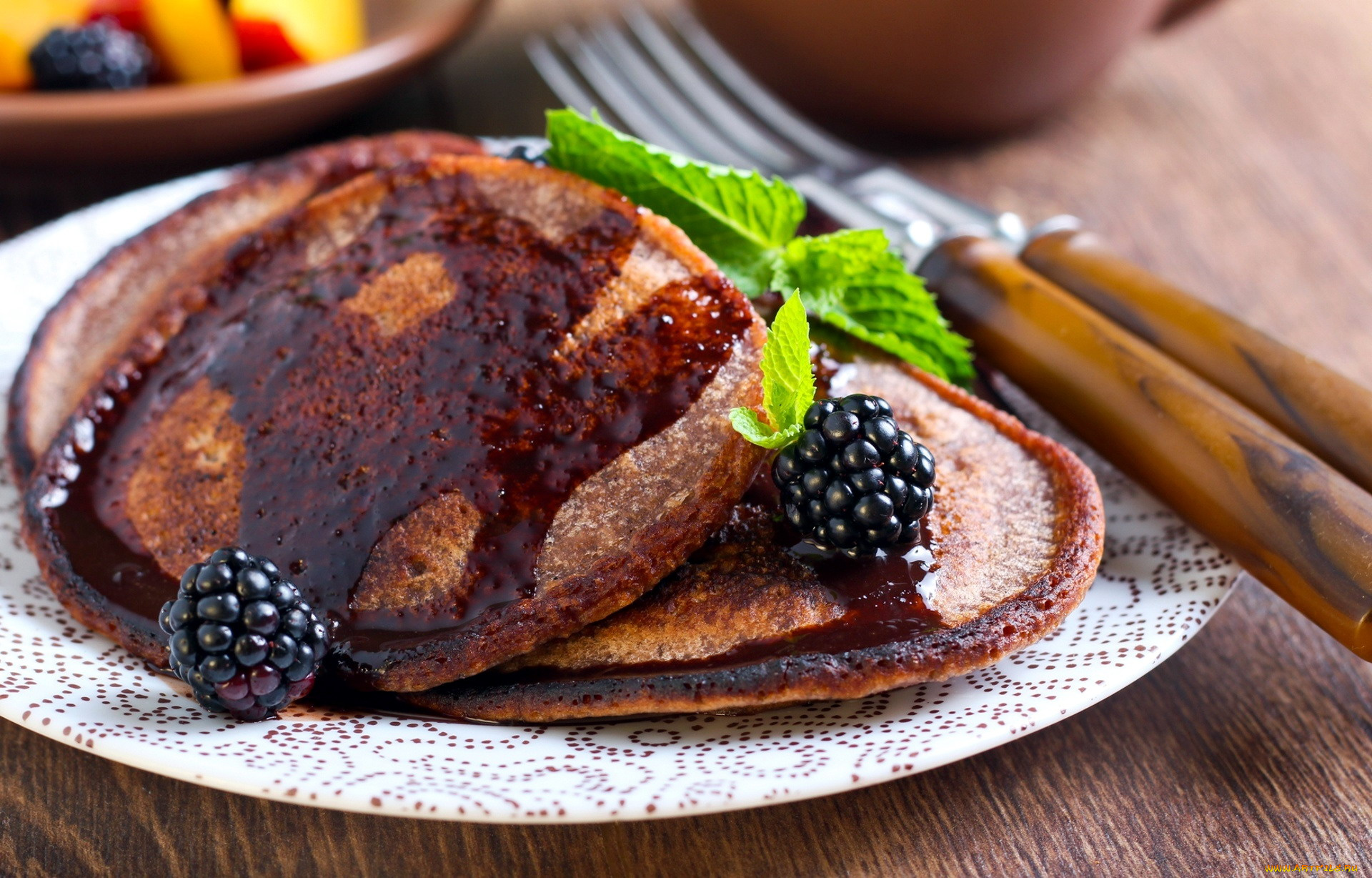 еда, блины, , оладьи, оладьи, ежевика, мята