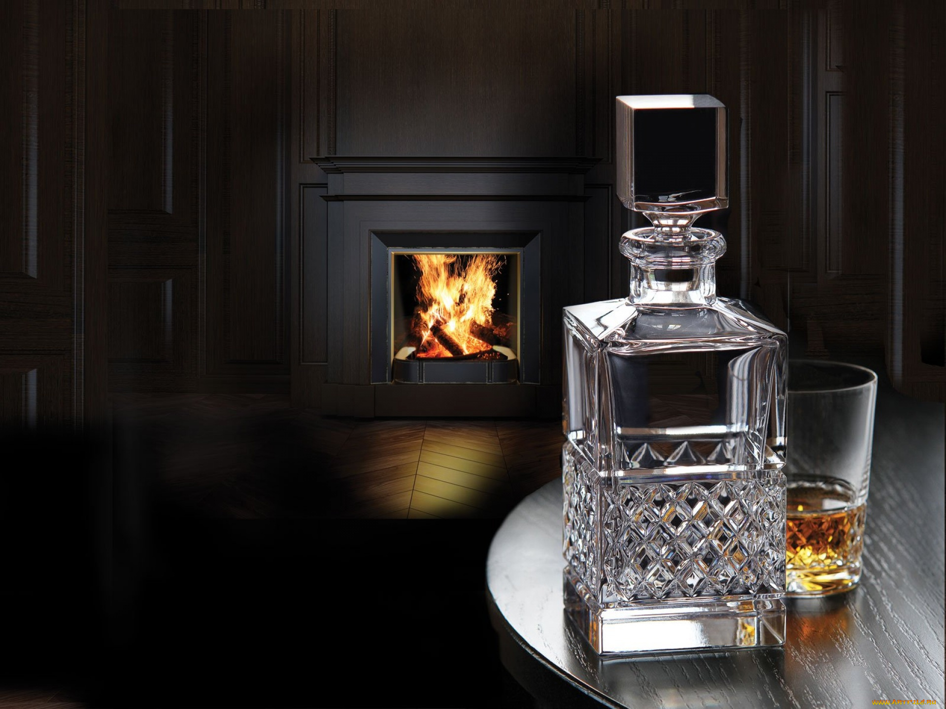 еда, напитки, камин, графин, стакан, бренди