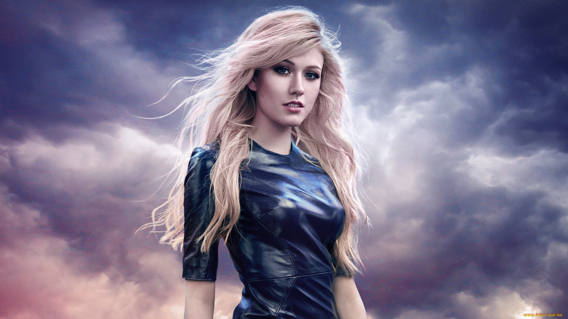 девушки, katherine, mcnamara, тучи, платье, небо, кожа, блондинка