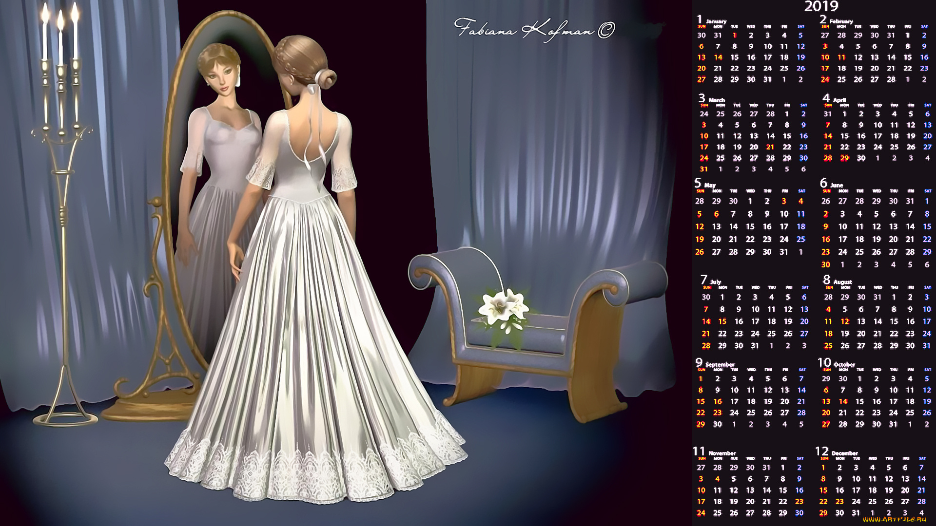 календари, 3д-графика, цветы, свеча, зеркало, подсвечник, отражение, девушка