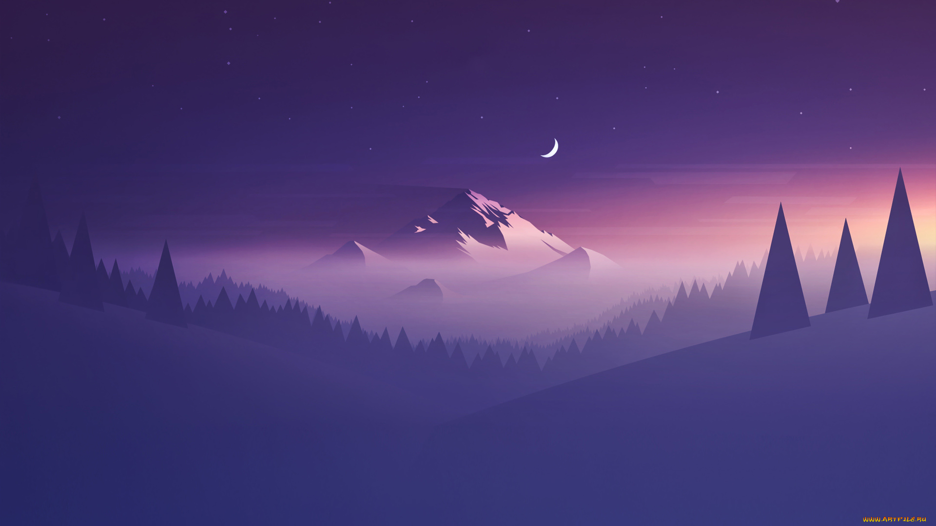 векторная, графика, природа, , nature, месяц, ёлки, пейзаж, лес, гора, звезды, туман, горы