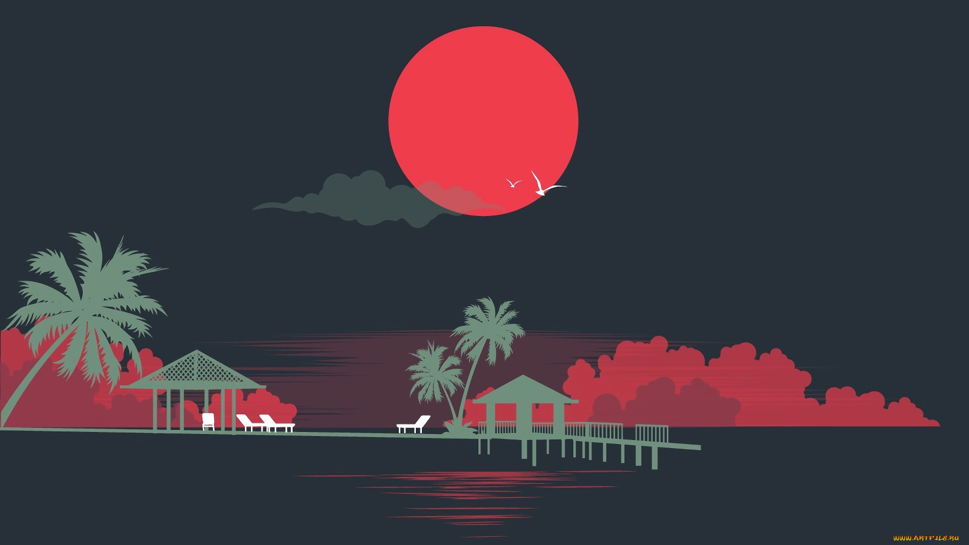 векторная, графика, природа, , nature, солнце, море, стиль, пальмы, силуэты