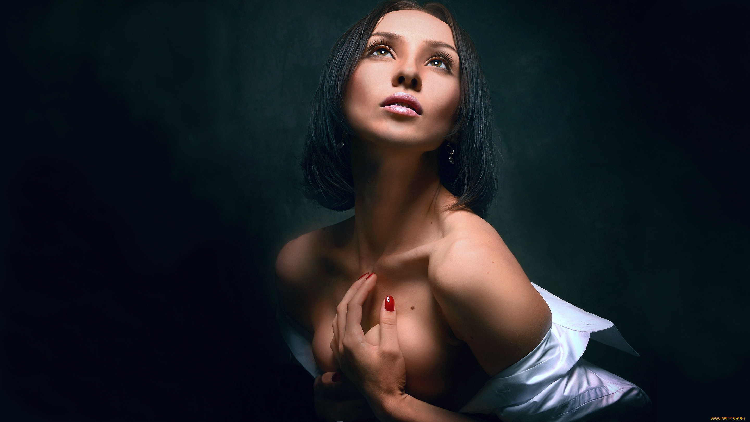 девушки, -unsort, , брюнетки, темноволосые, темный, фон, рубашка, взгляд