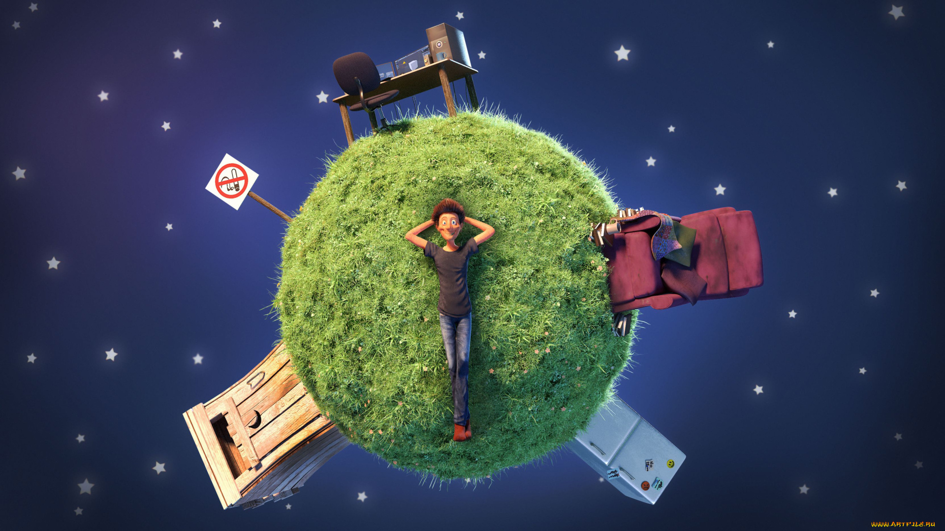 3д, графика, атмосфера, настроение, , atmosphere, , , mood, , мужчина, лужайка, планета, знак, холодильник, туалет, стол, кресло