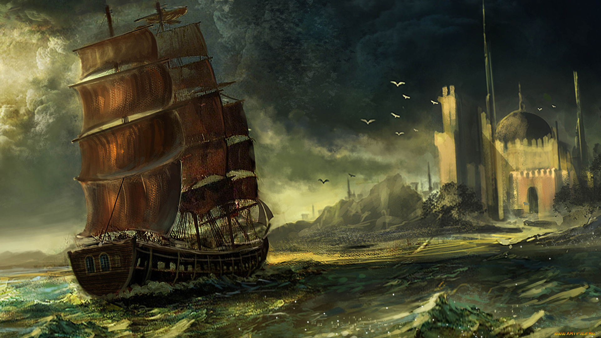 корабли, рисованные, корабль, парусник, чайки, море, берег, город