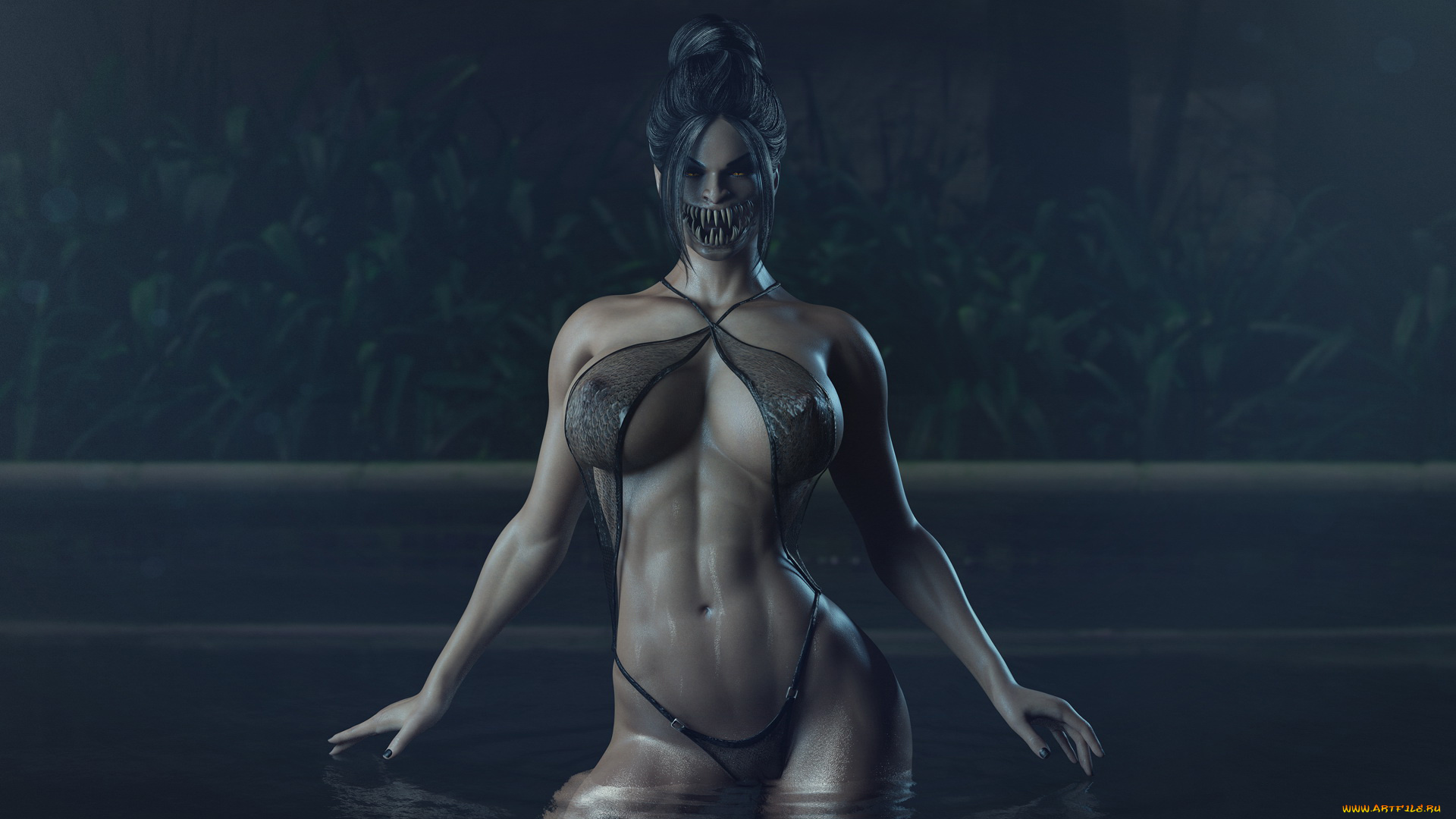 видео, игры, mortal, kombat, девушка, фон, взгляд, зубы, купальник