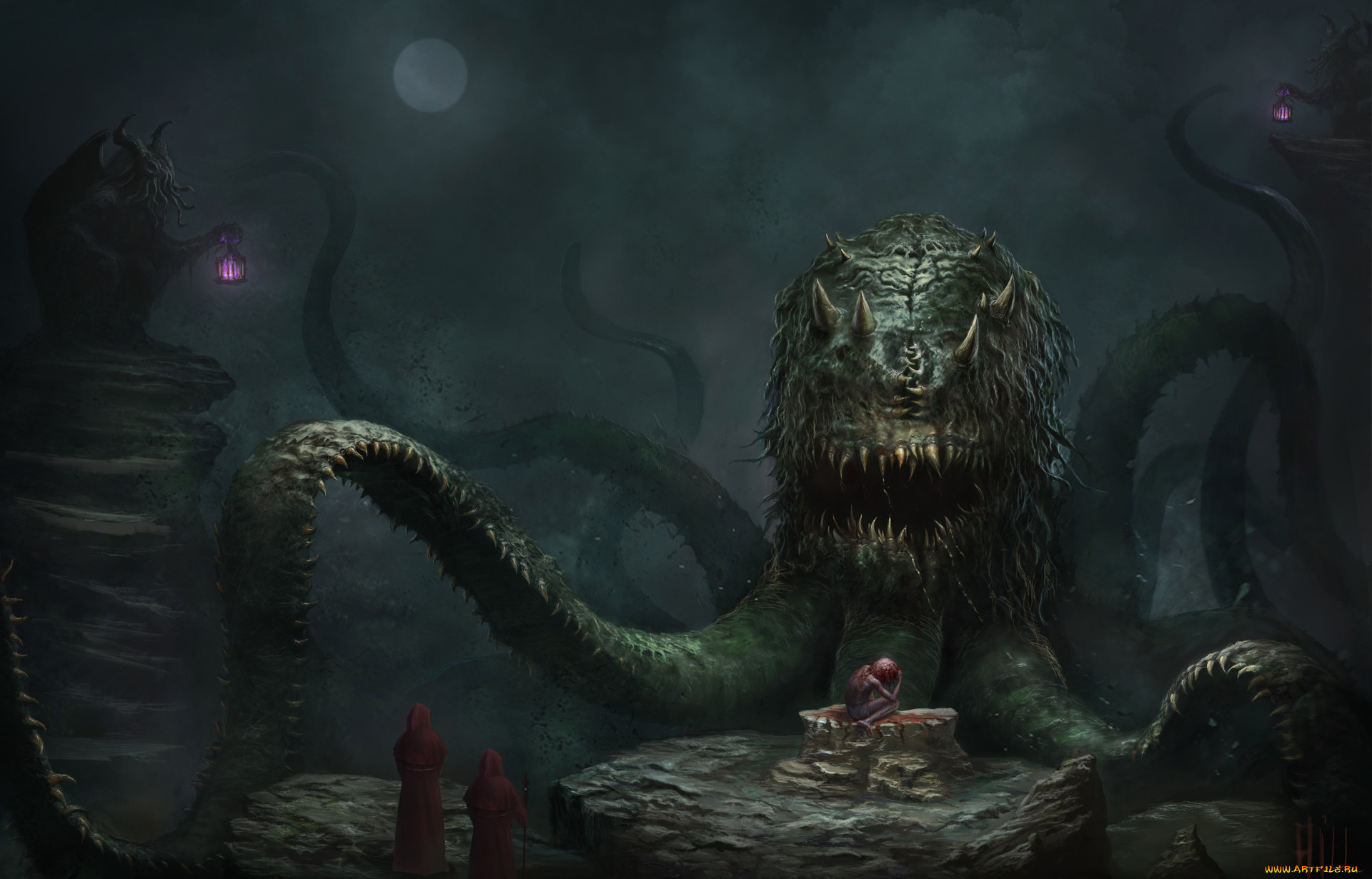 фэнтези, существа, существо, фон, щупальца