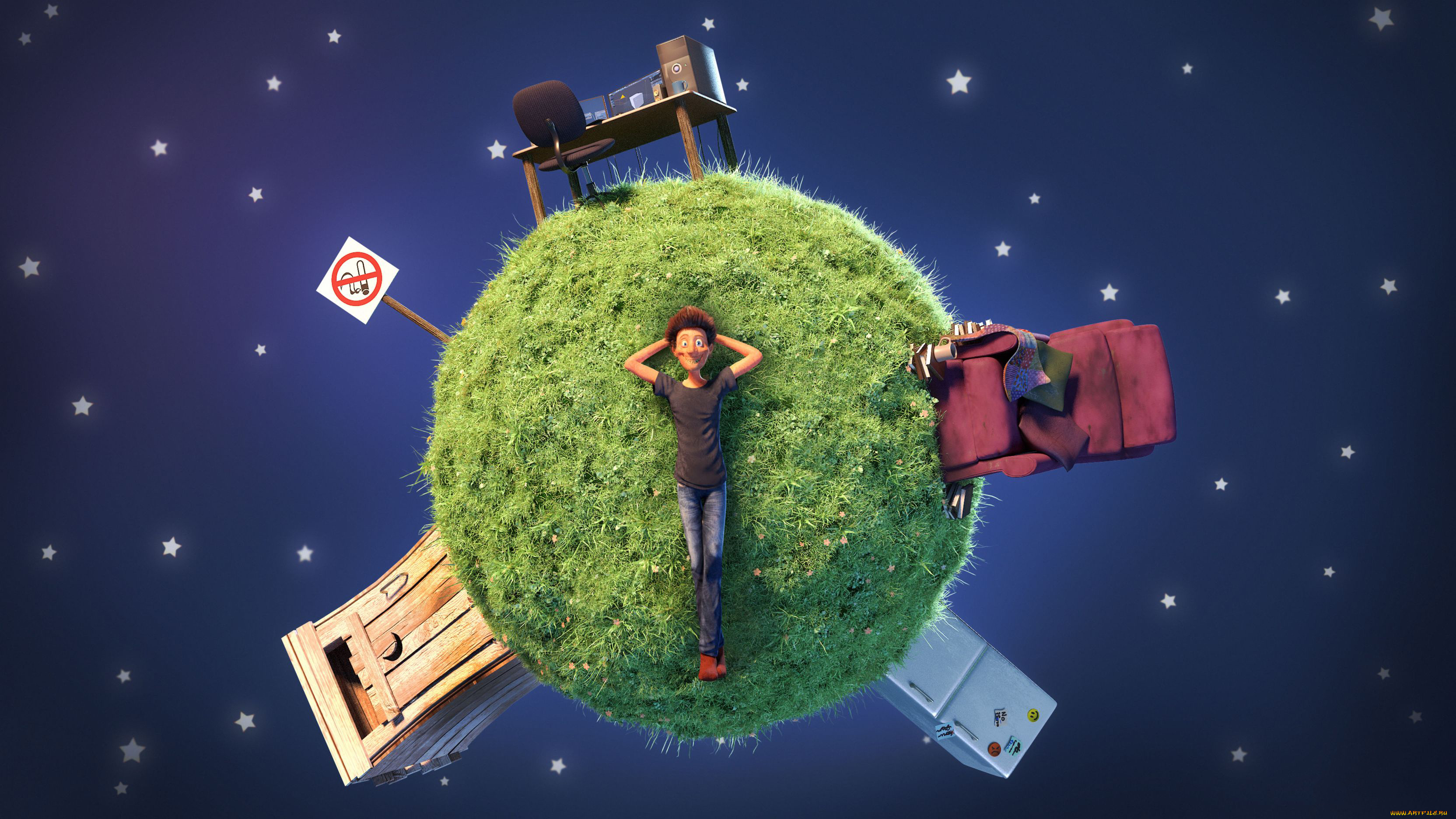 3д, графика, атмосфера, настроение, , atmosphere, , , mood, , мужчина, лужайка, планета, знак, холодильник, туалет, стол, кресло