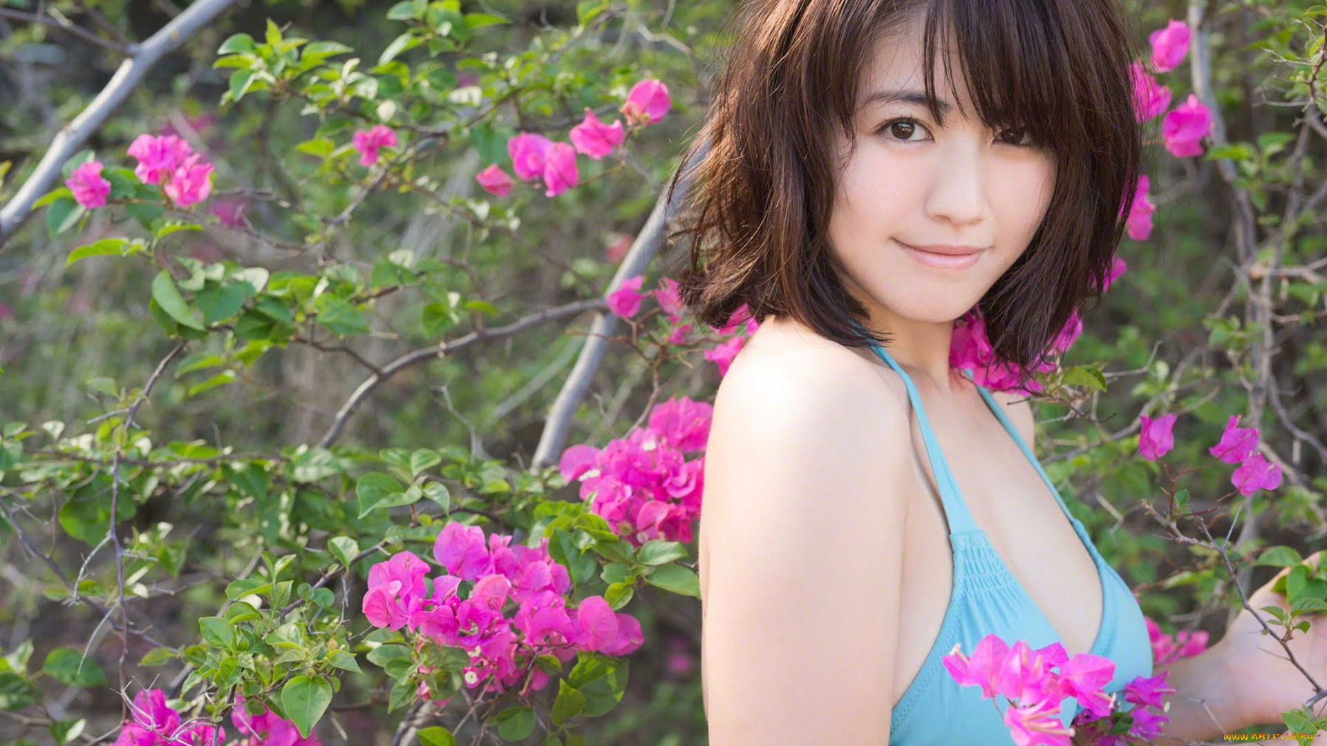 девушки, sayaka, isoyama, шатенка, купальник, ветки, цветы