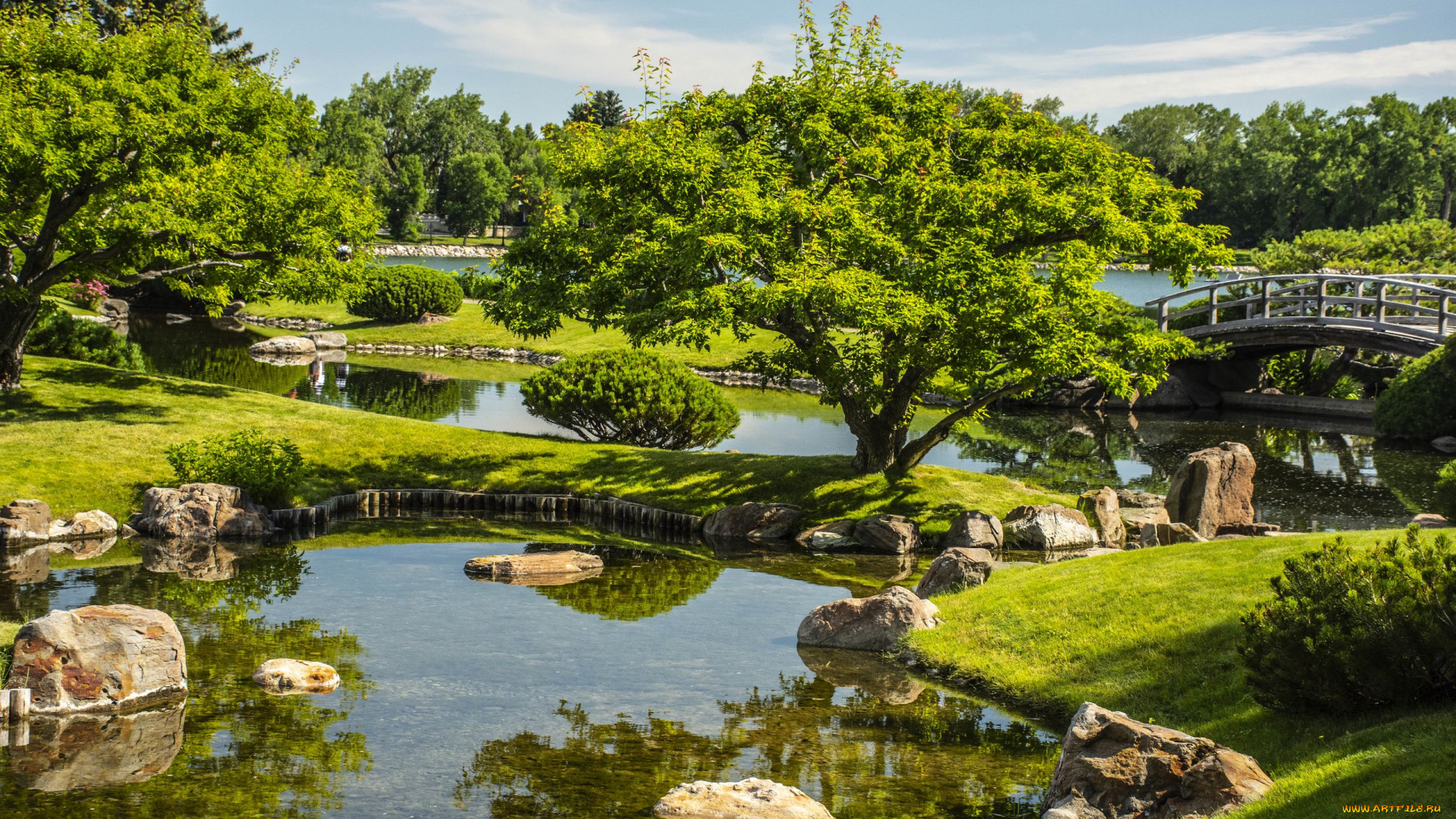 природа, парк, водоемы, мостик, камни